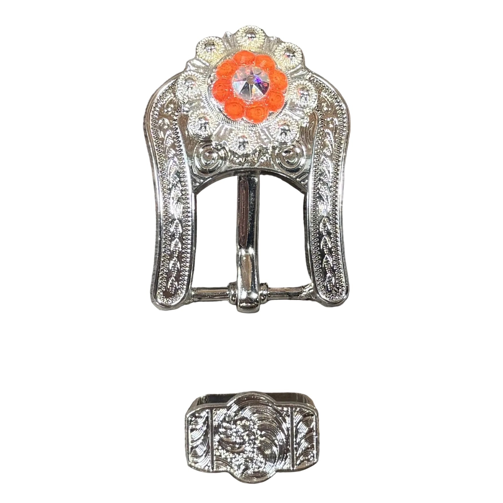 Bright Silver Neon Orange - AB Crystal Conchos - Sizes from 1"- 3" and Buckles