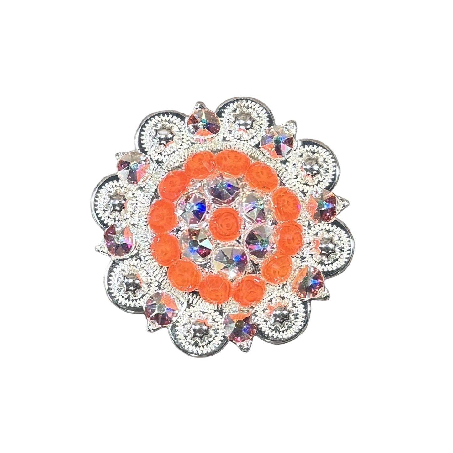 Bright Silver Neon Orange - AB Crystal Conchos - Sizes from 1"- 3" and Buckles