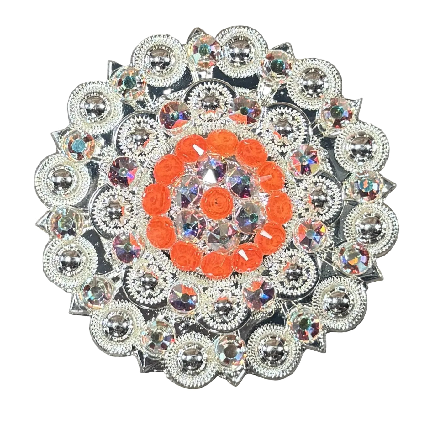 Bright Silver Neon Orange - AB Crystal Conchos - Sizes from 1"- 3" and Buckles