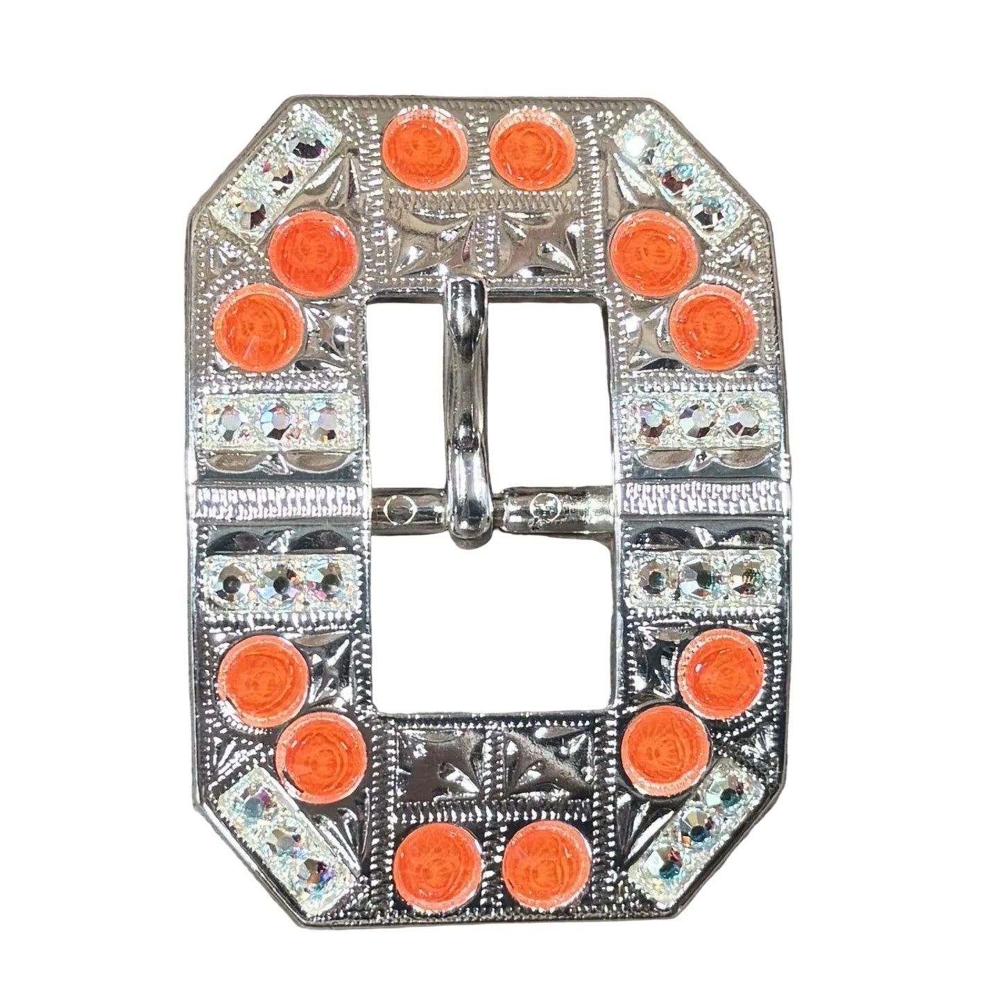 Bright Silver Neon Orange - AB Crystal Conchos - Sizes from 1"- 3" and Buckles