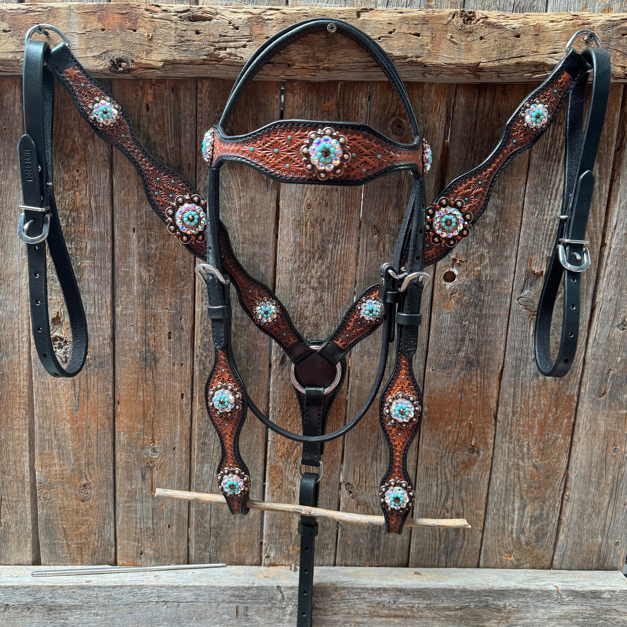 Teal Diamond Topaz and Turquoise Browband / One Ear - Breastcollar Tack Set 