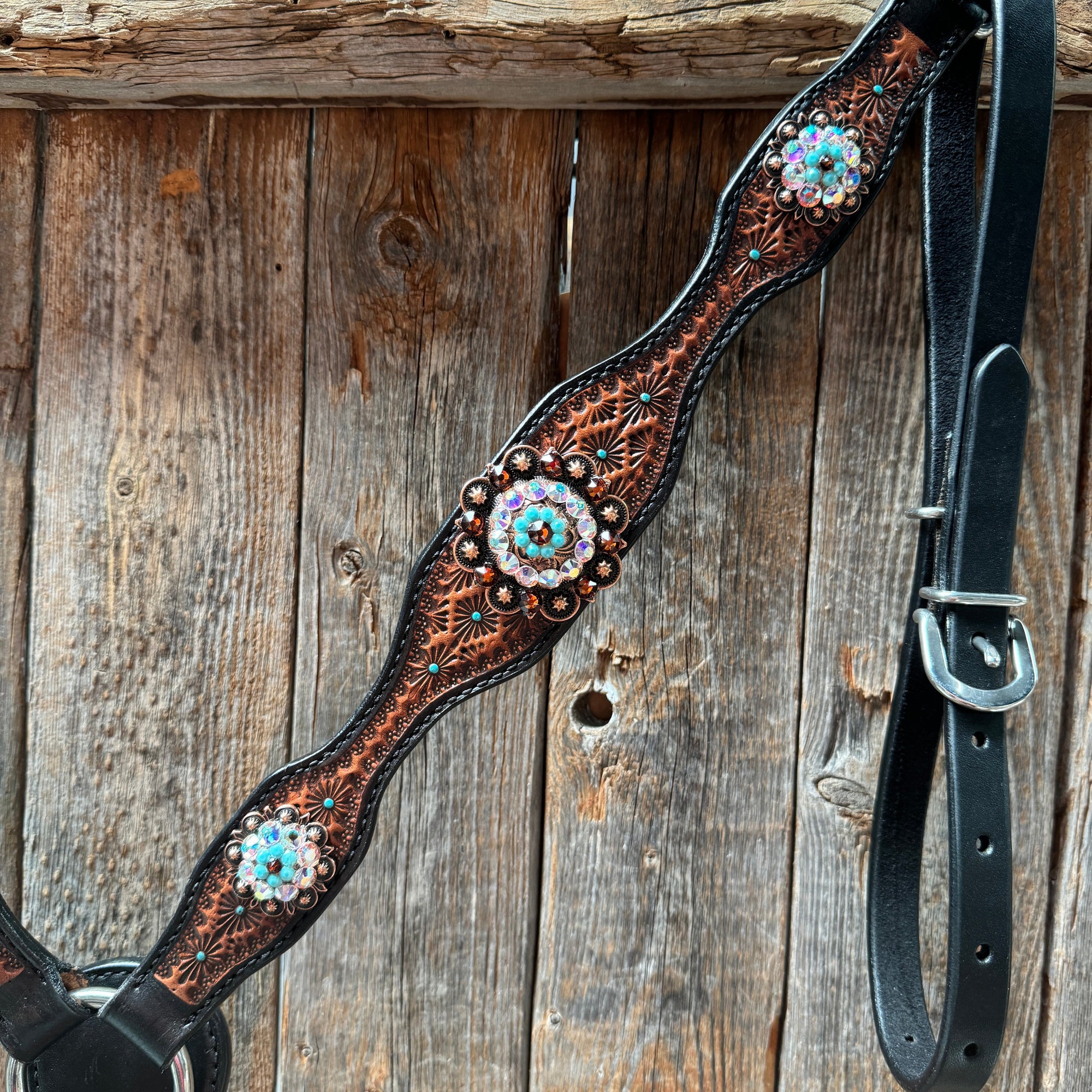 Teal Diamond Topaz and Turquoise Browband / One Ear - Breastcollar Tack Set 