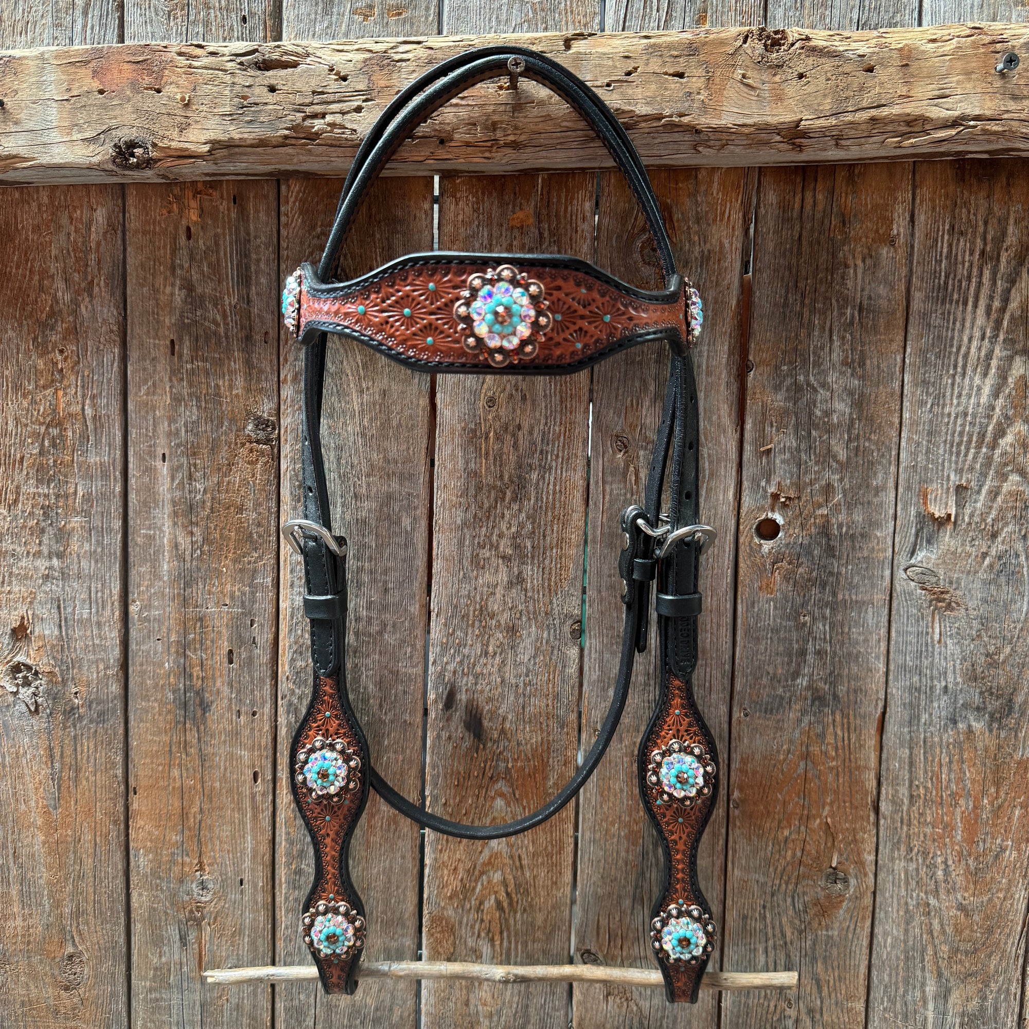 Teal Diamond Topaz and Turquoise Browband / One Ear - Breastcollar Tack Set 