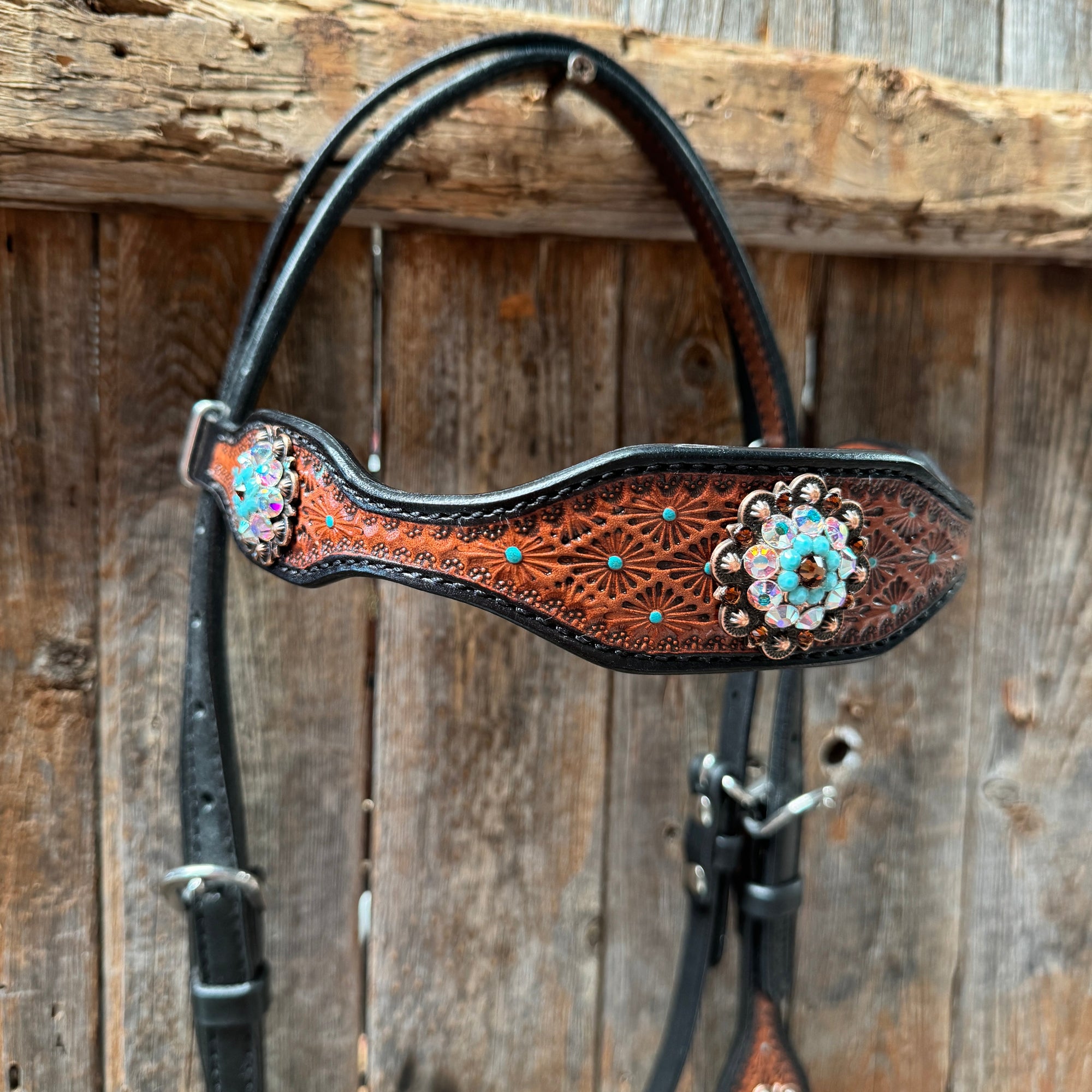 Teal Diamond Topaz and Turquoise Browband / One Ear - Breastcollar Tack Set 