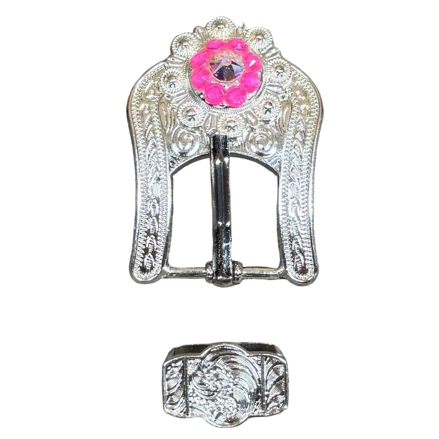 Bright Silver Neon Pink - AB Crystal Conchos - Sizes from 1"- 3" and Buckles