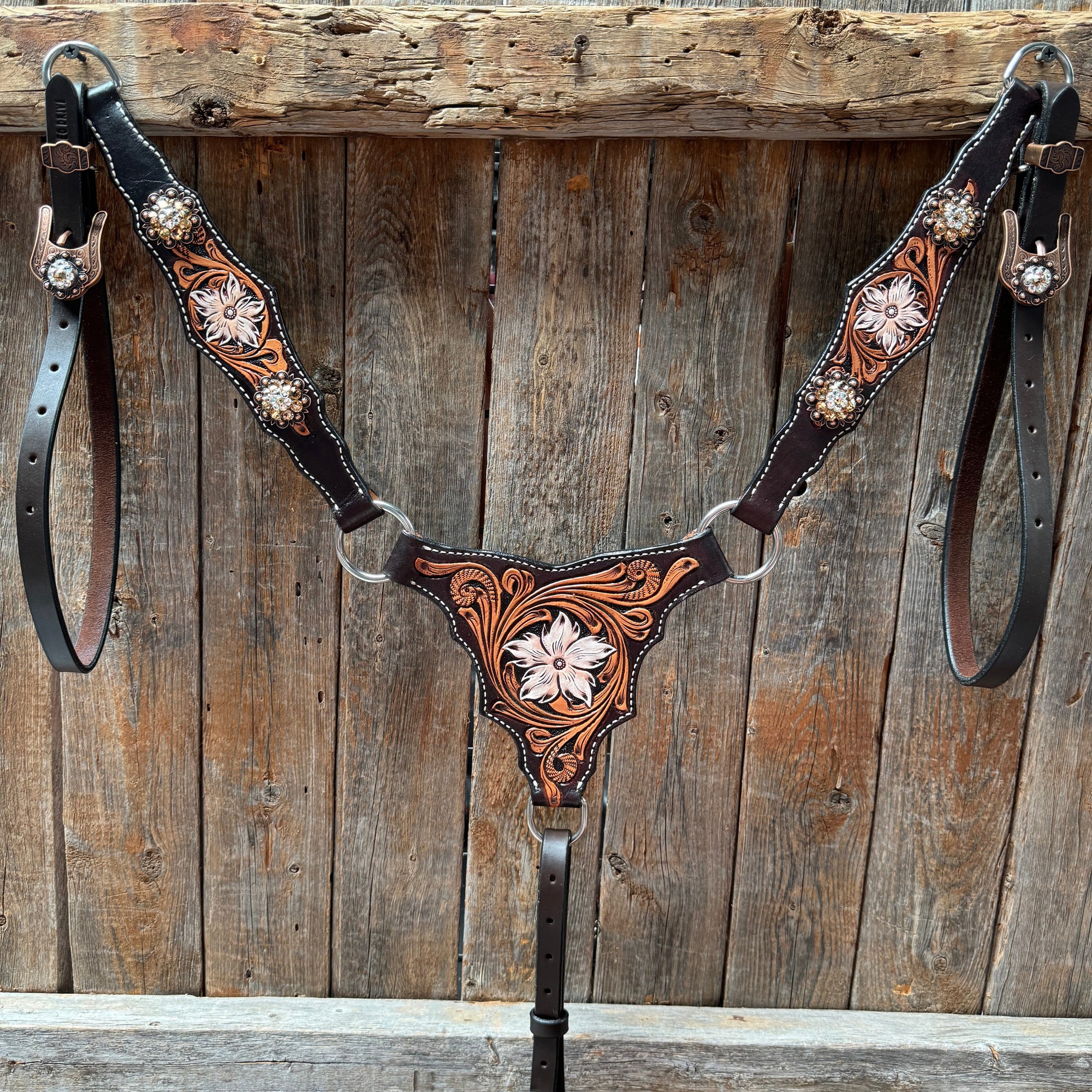 Triple Tone Floral Champagne and Clear Browband / One Ear - Triangle / Gladiator Breastcollar Tack Set 