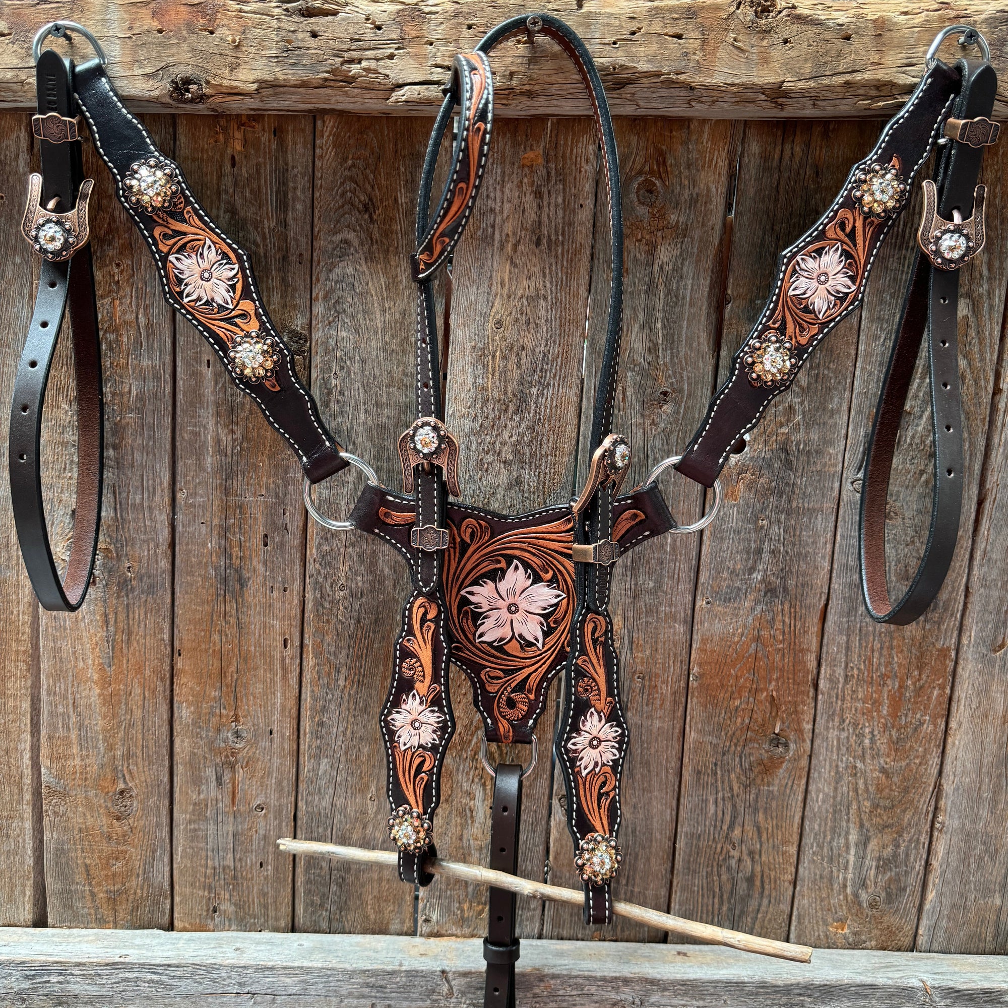 Triple Tone Floral Champagne and Clear Browband / One Ear - Triangle / Gladiator Breastcollar Tack Set 