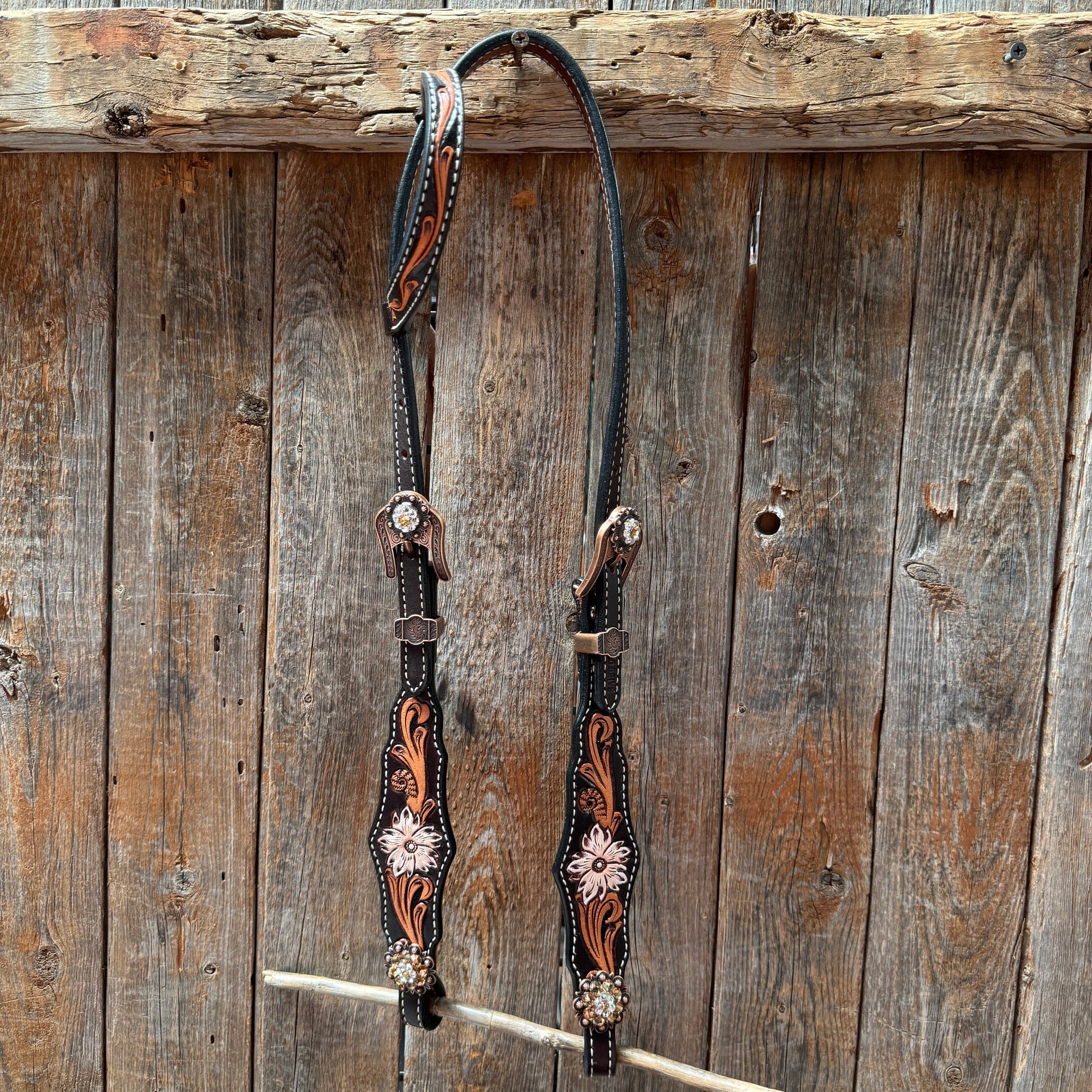 Triple Tone Floral Champagne and Clear Browband / One Ear - Triangle / Gladiator Breastcollar Tack Set 