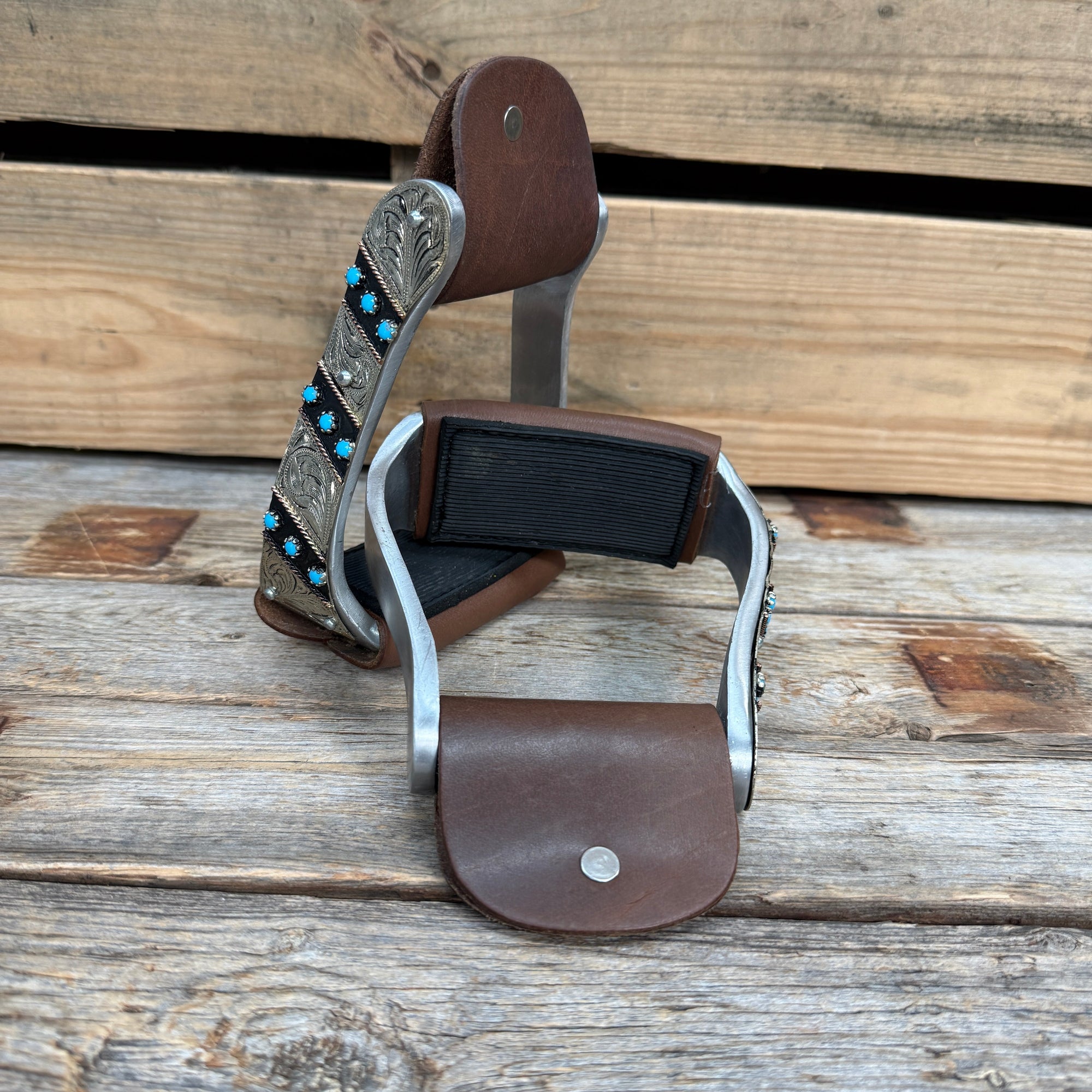 Hand Engraved Black and Blue Western Barrel Racing Stirrups with Leather Footings