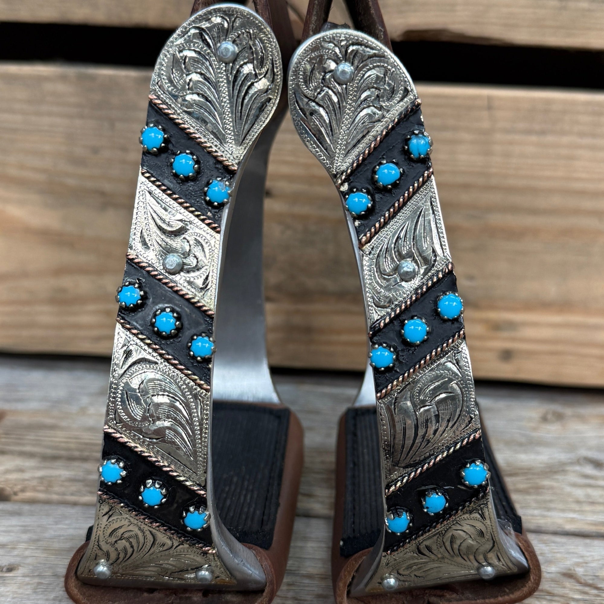 Hand Engraved Black and Blue Western Barrel Racing Stirrups with Leather Footings