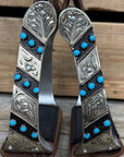 Hand Engraved Black and Blue Western Barrel Racing Stirrups with Leather Footings