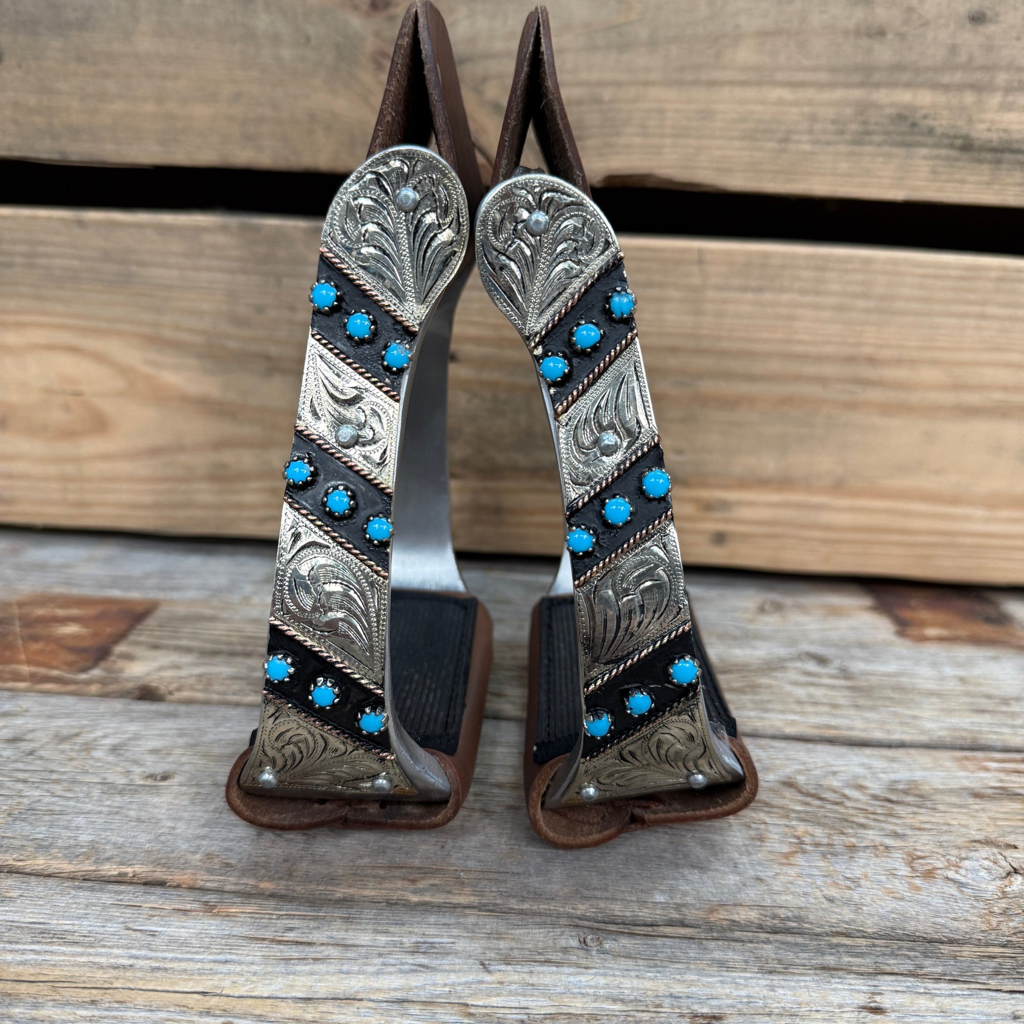 Hand Engraved Black and Blue Western Barrel Racing Stirrups with Leather Footings