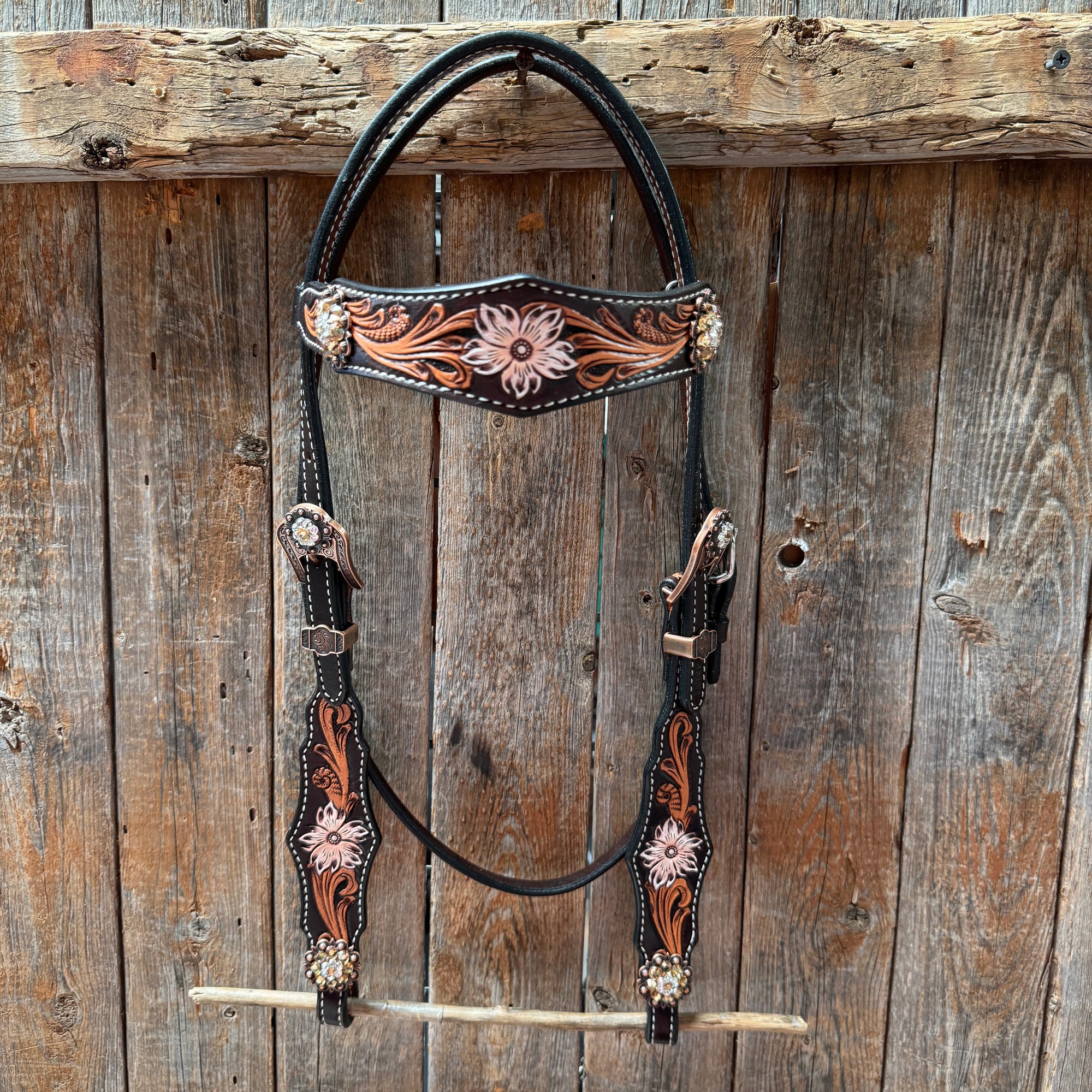 Triple Tone Floral Champagne and Clear Browband / One Ear - Triangle / Gladiator Breastcollar Tack Set 