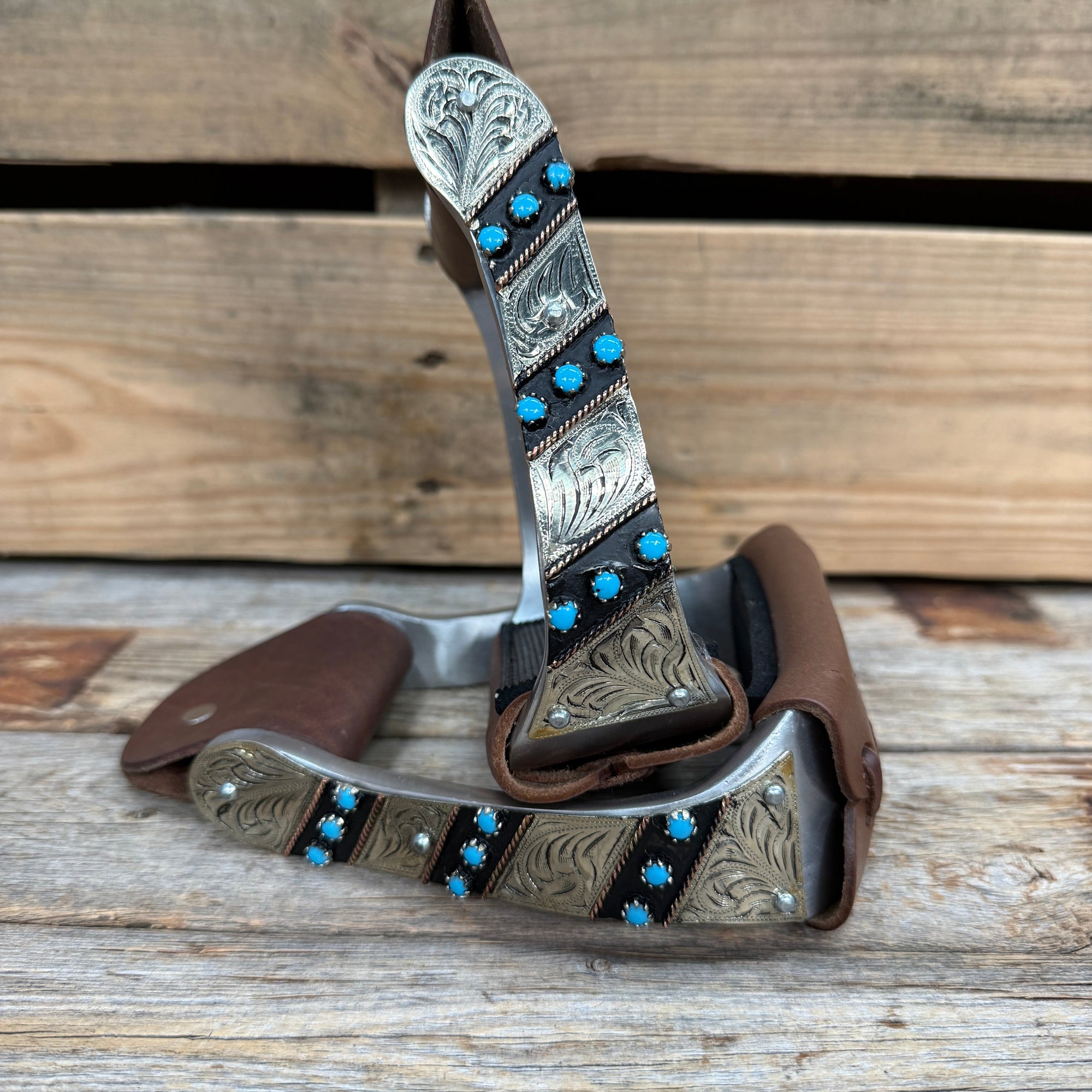 Hand Engraved Black and Blue Western Barrel Racing Stirrups with Leather Footings