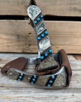 Hand Engraved Black and Blue Western Barrel Racing Stirrups with Leather Footings