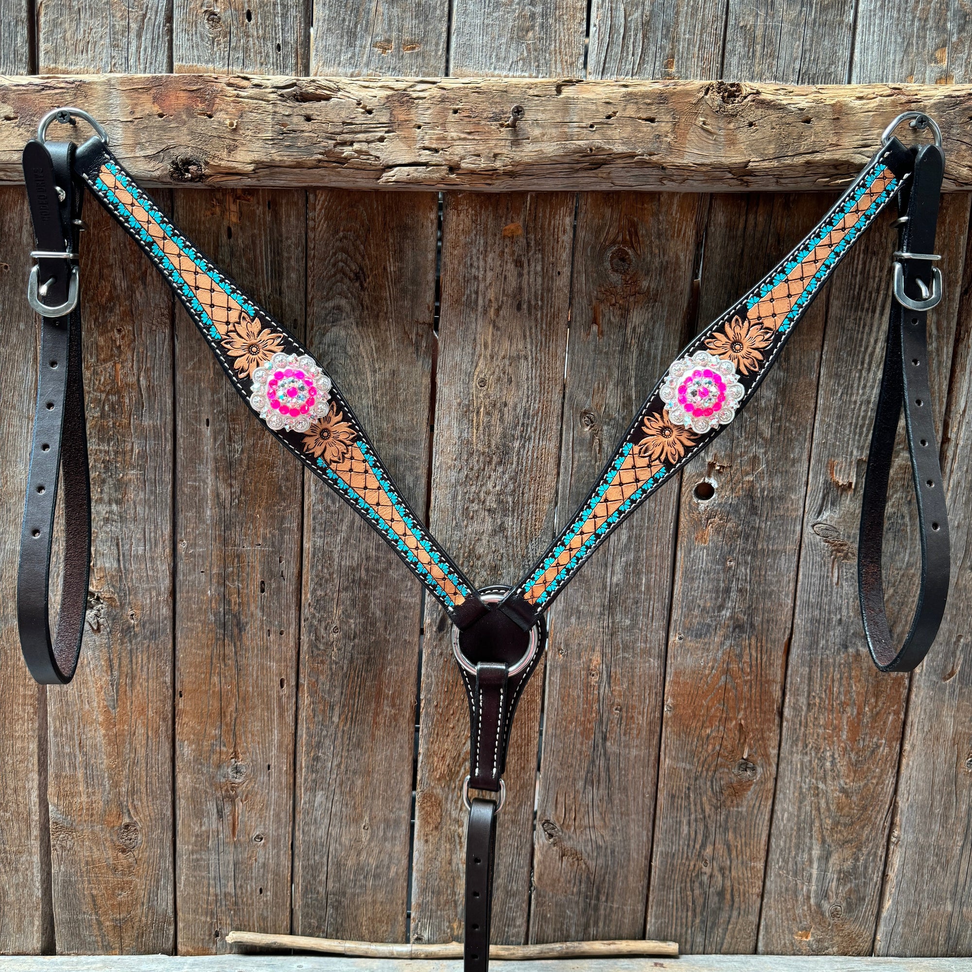 Multi Flower Hot Pink Browband / One Ear - Breastcollar Tack Set 
