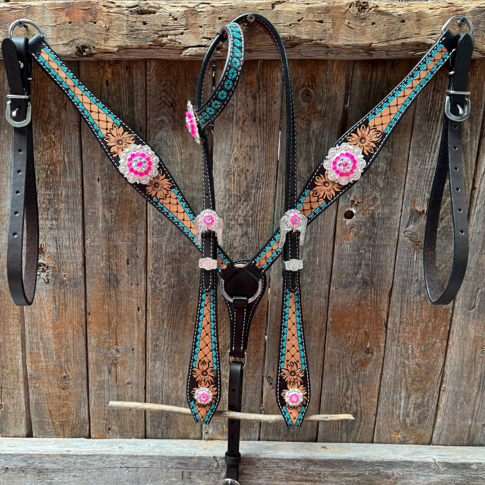 Multi Flower Hot Pink Browband / One Ear - Breastcollar Tack Set 
