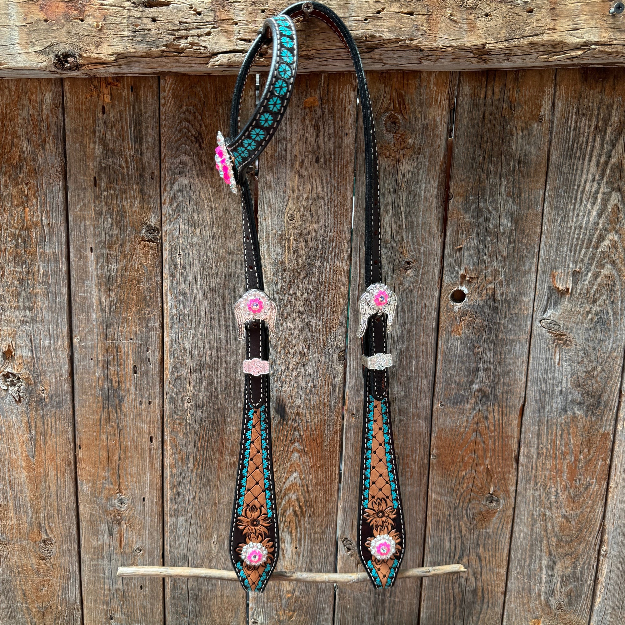 Multi Flower Hot Pink Browband / One Ear - Breastcollar Tack Set 