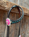 Multi Flower Hot Pink Browband / One Ear - Breastcollar Tack Set 