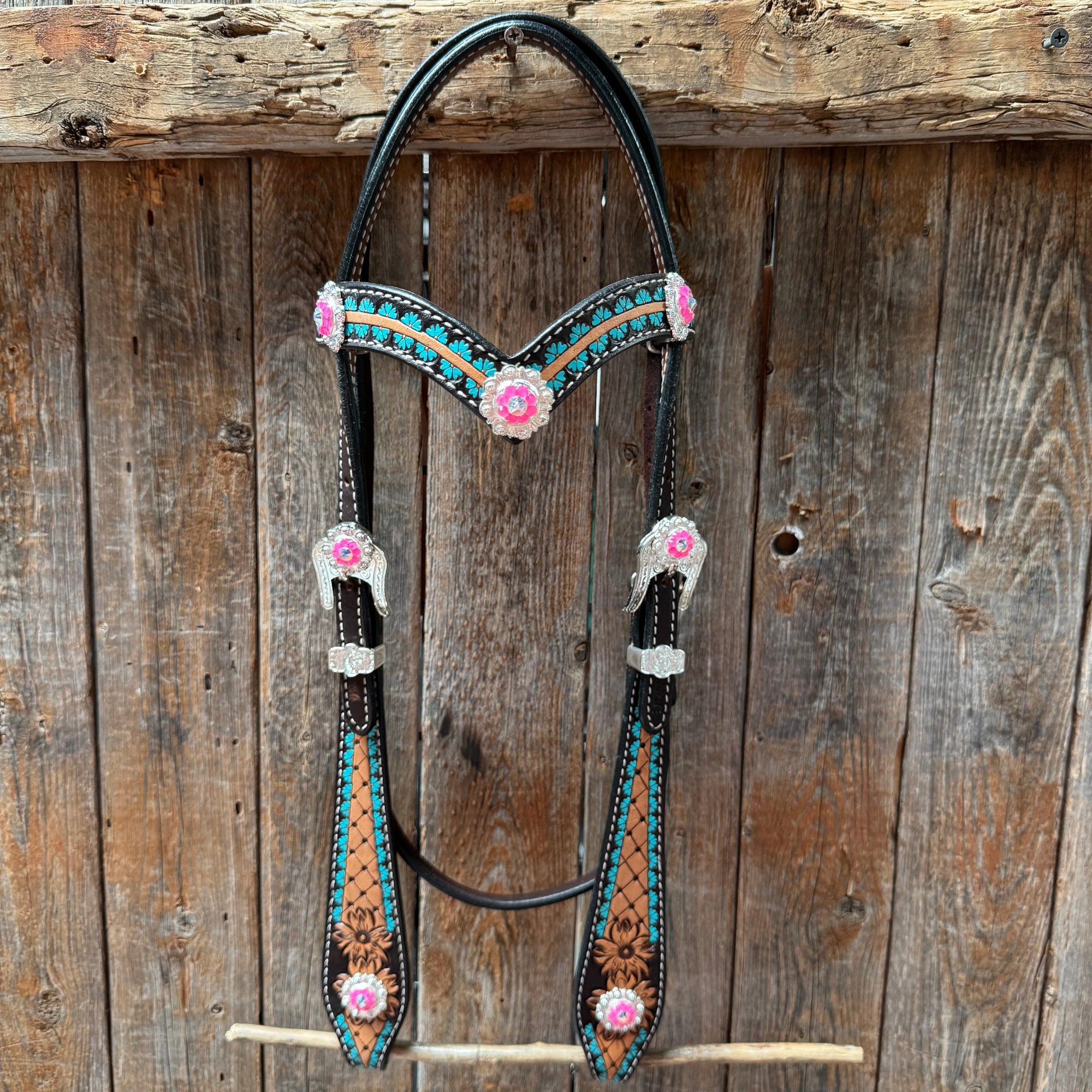 Multi Flower Hot Pink Browband / One Ear - Breastcollar Tack Set 