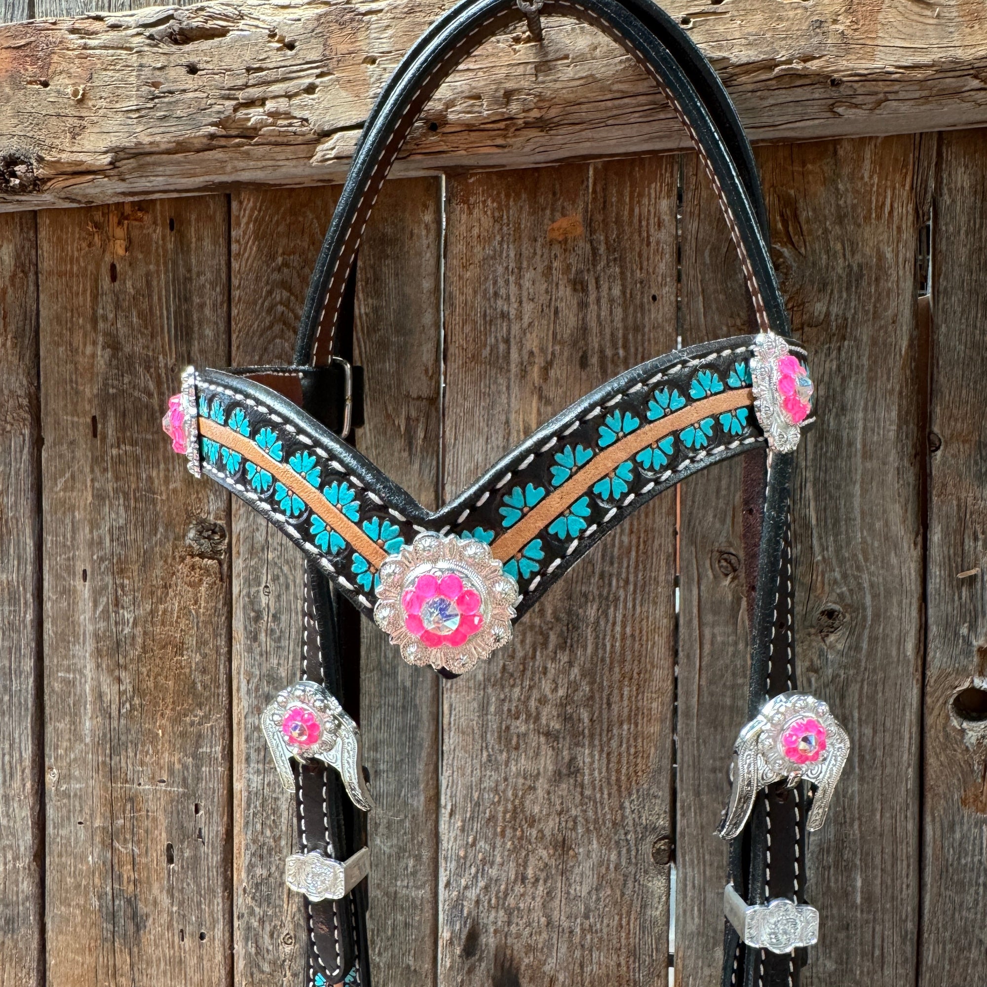 Multi Flower Hot Pink Browband / One Ear - Breastcollar Tack Set 