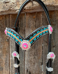 Multi Flower Hot Pink Browband / One Ear - Breastcollar Tack Set 