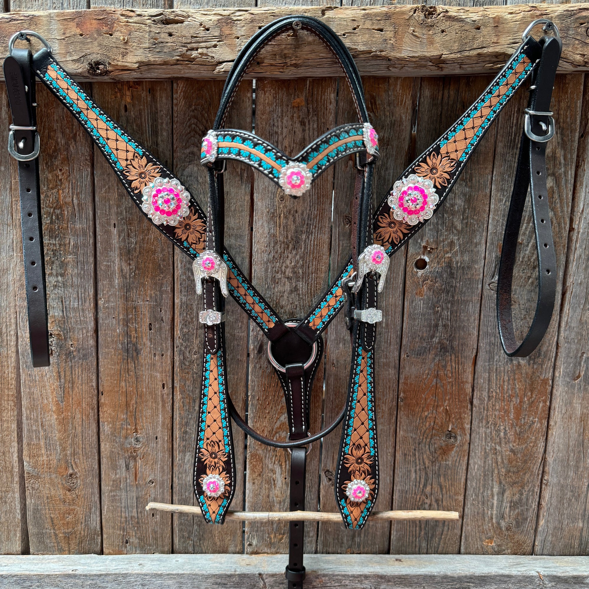 Multi Flower Hot Pink Browband / One Ear - Breastcollar Tack Set 