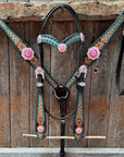 Multi Flower Hot Pink Browband / One Ear - Breastcollar Tack Set 