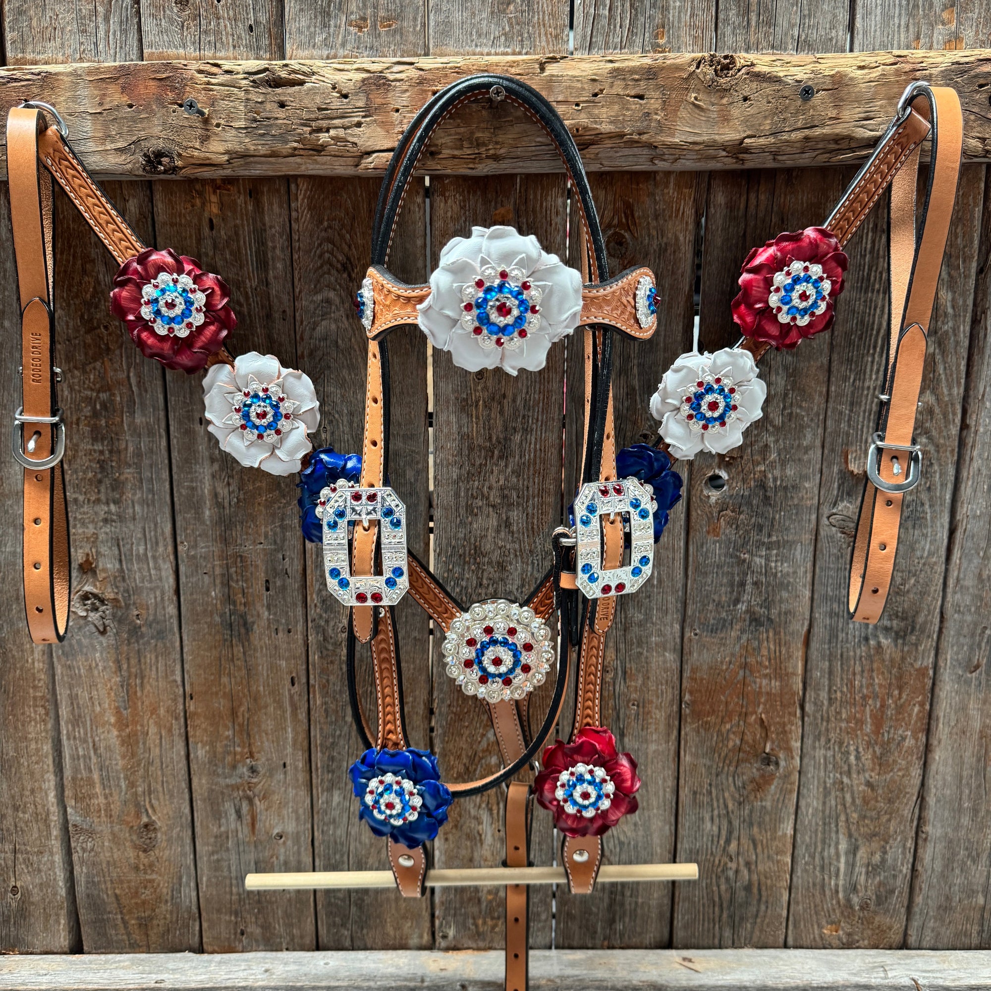 Light Oil Basketweave Patriotic Browband / One Ear Tack Set  