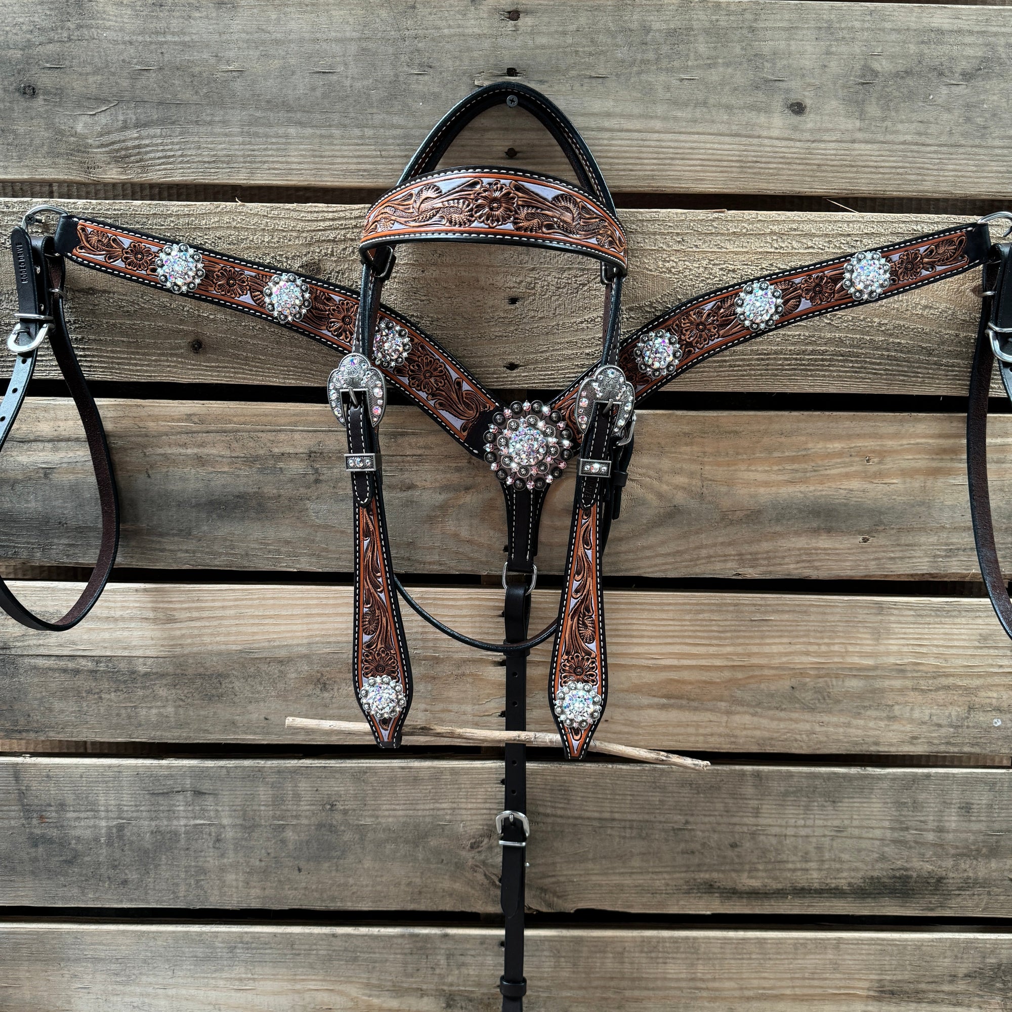 Hand Painted Floral AB Browband / One Ear - Breastcollar Tack Set 