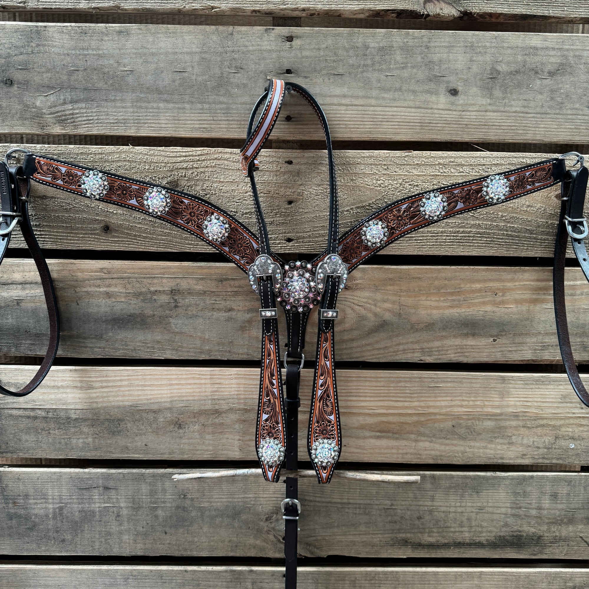 Hand Painted Floral AB Browband / One Ear - Breastcollar Tack Set 