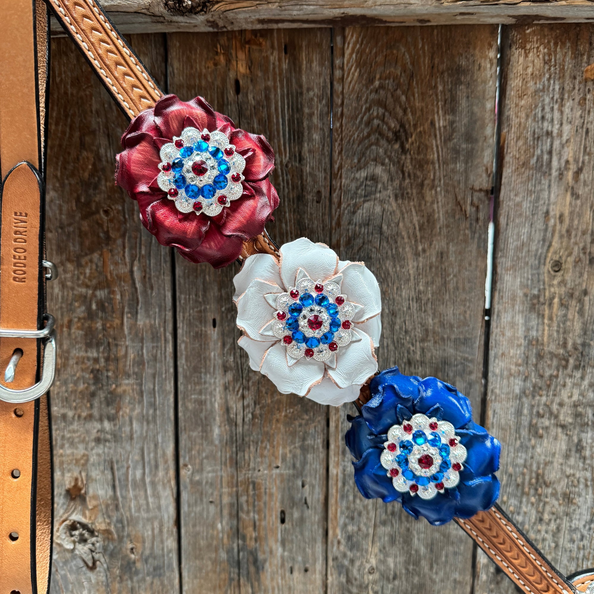 Light Oil Basketweave Patriotic Browband / One Ear Tack Set  
