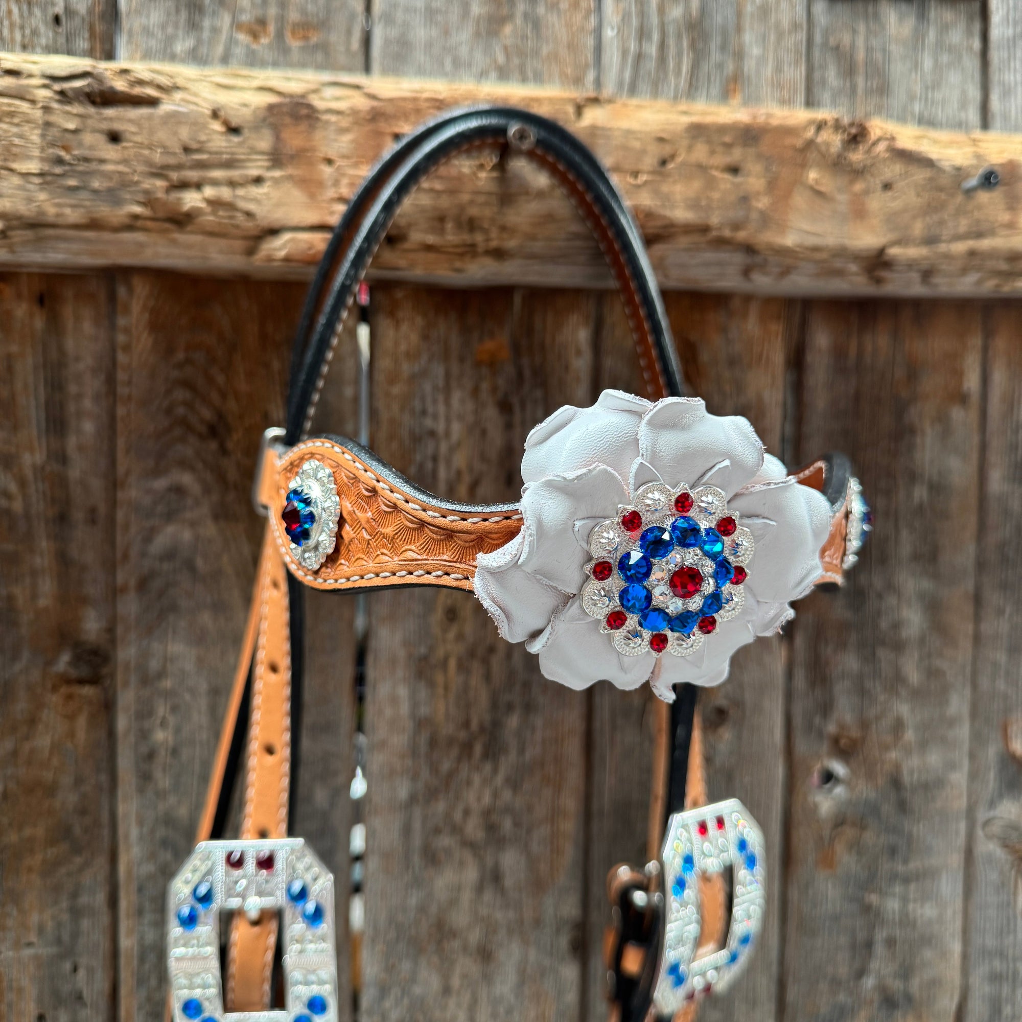 Light Oil Basketweave Patriotic Browband / One Ear Tack Set  