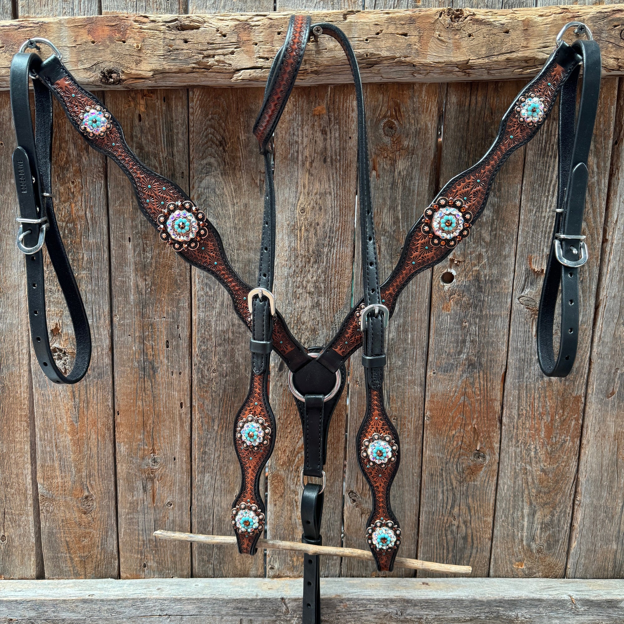 Teal Diamond Topaz and Turquoise Browband / One Ear - Breastcollar Tack Set 