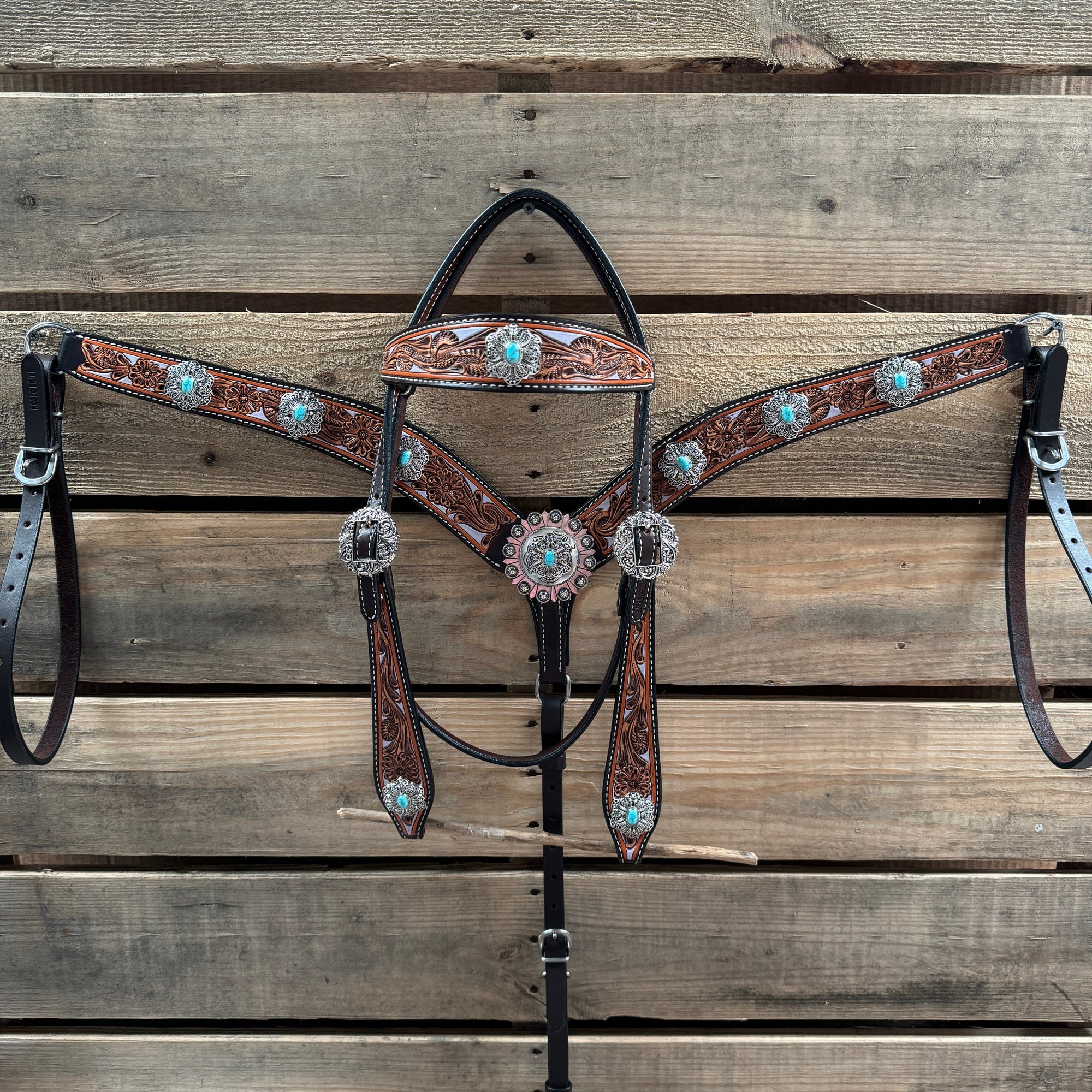 Hand Painted Floral Filigree Browband / One Ear - Breastcollar Tack Set 