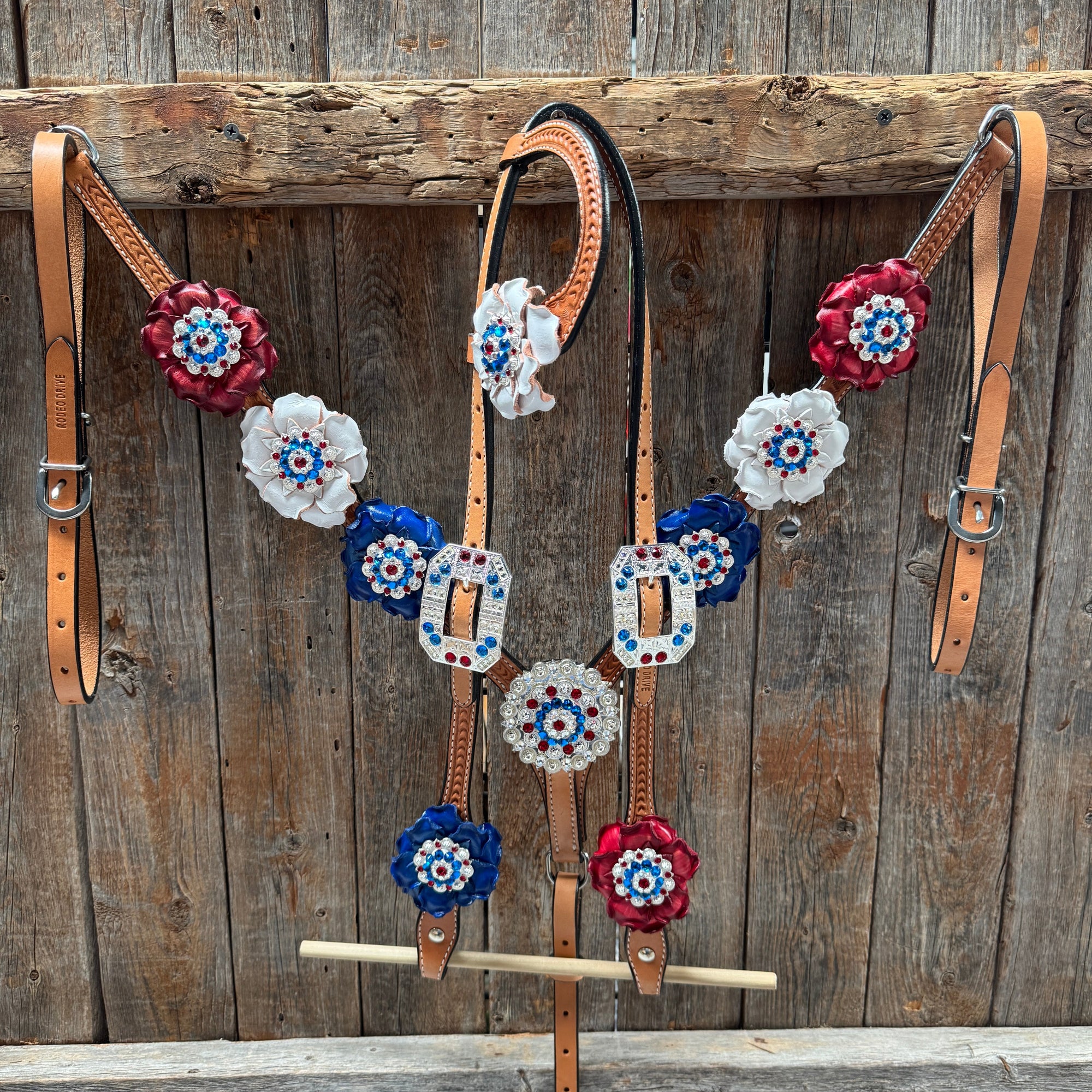 Light Oil Basketweave Patriotic Browband / One Ear Tack Set  