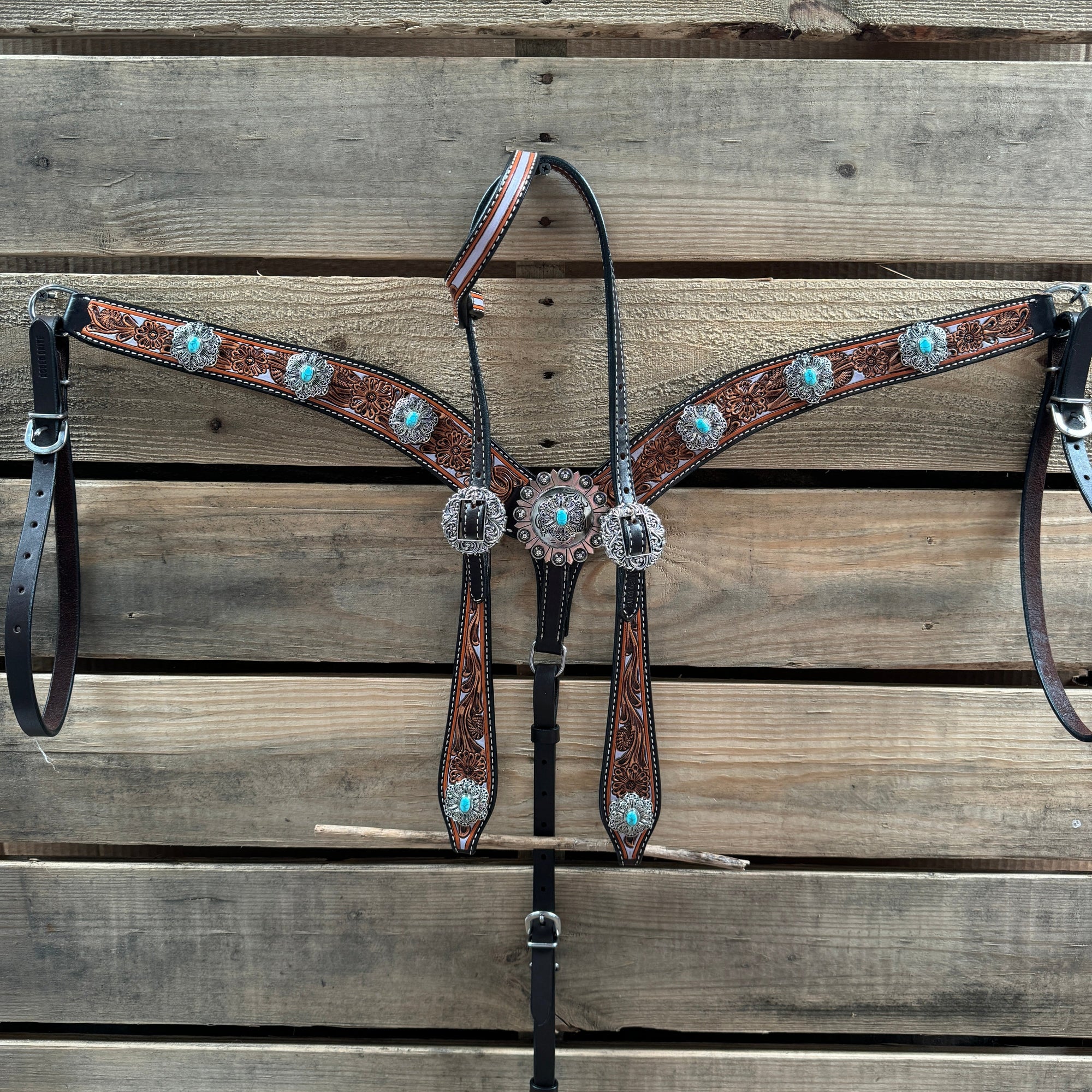 Hand Painted Floral Filigree Browband / One Ear - Breastcollar Tack Set 