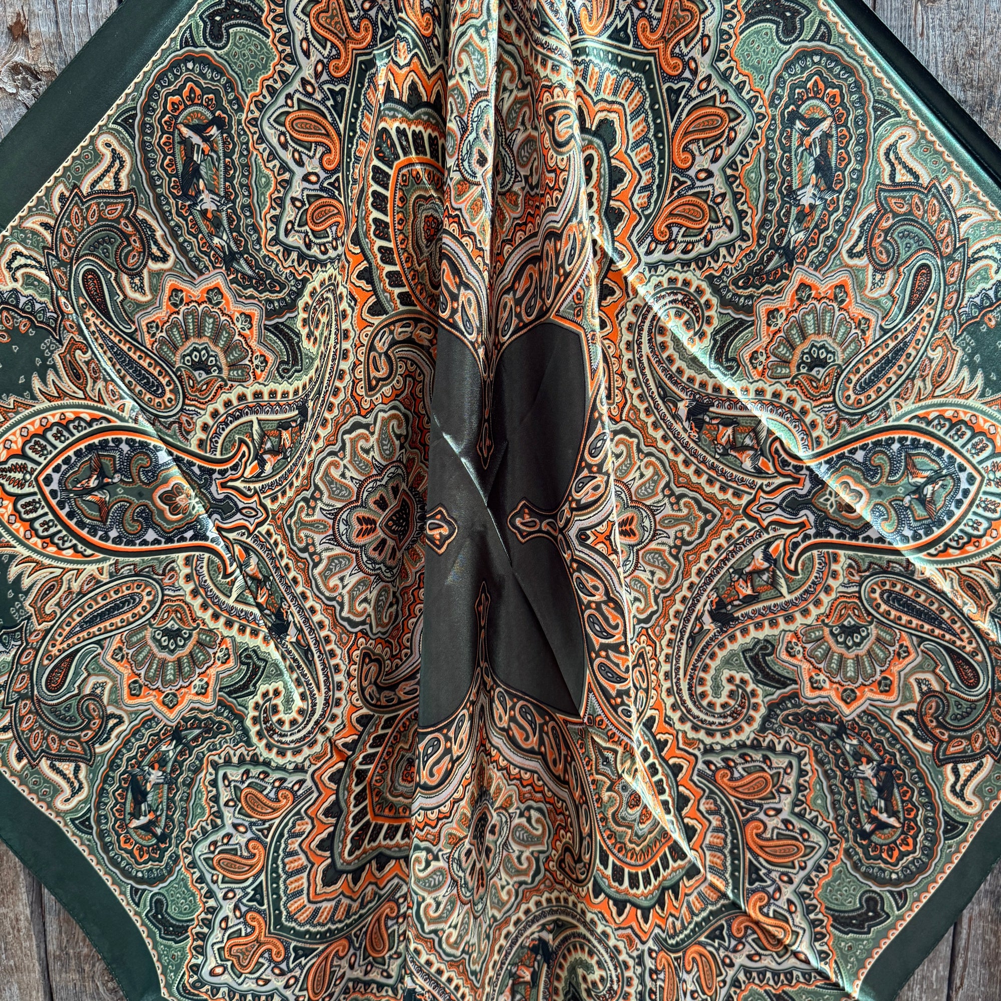 35X35" Olive Green and Orange Paisley Wild Rag / Scarf WR3451