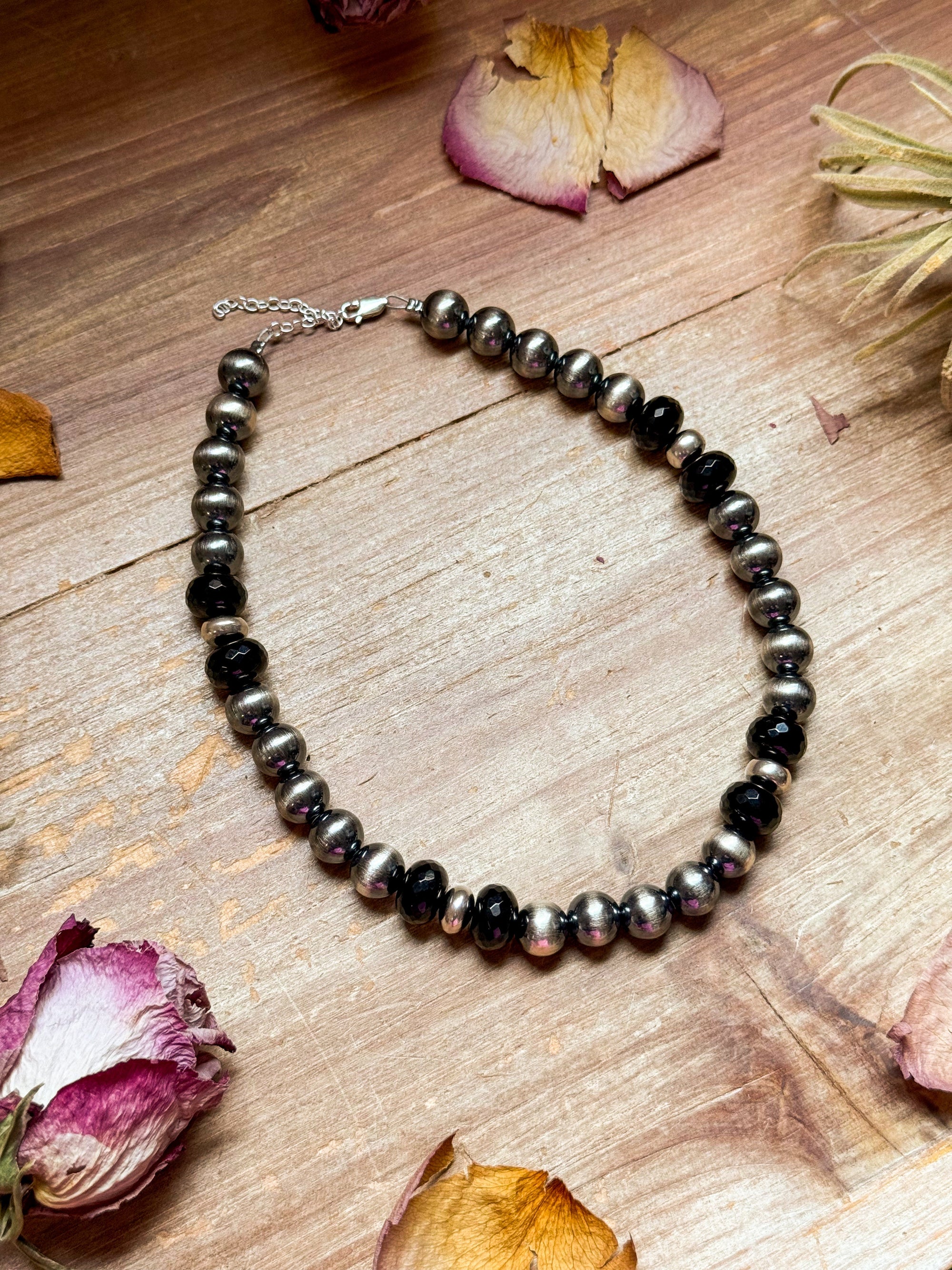 Black Onyx &amp; Sterling Silver Pearl Choker – 14”