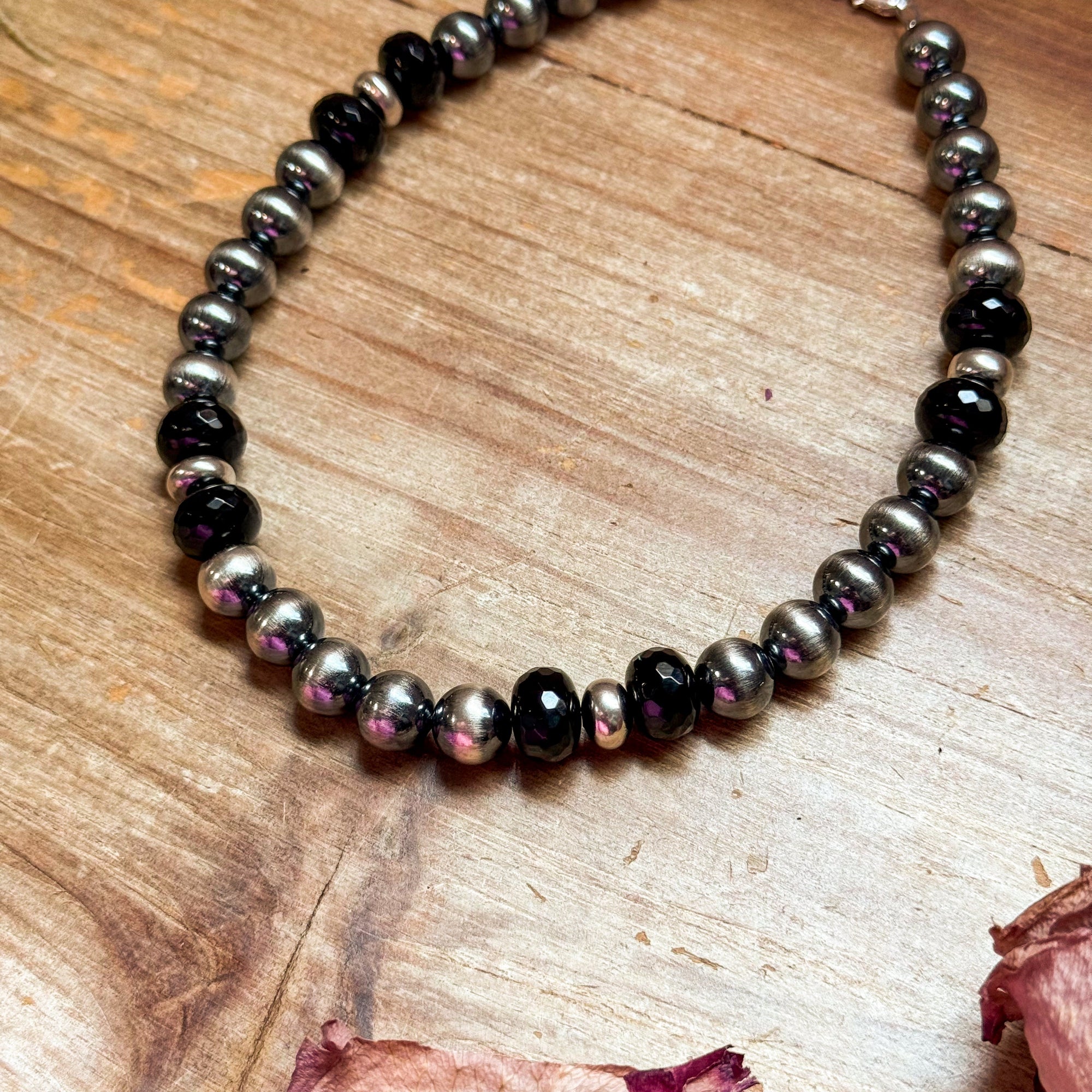 Black Onyx &amp; Sterling Silver Pearl Choker – 14”