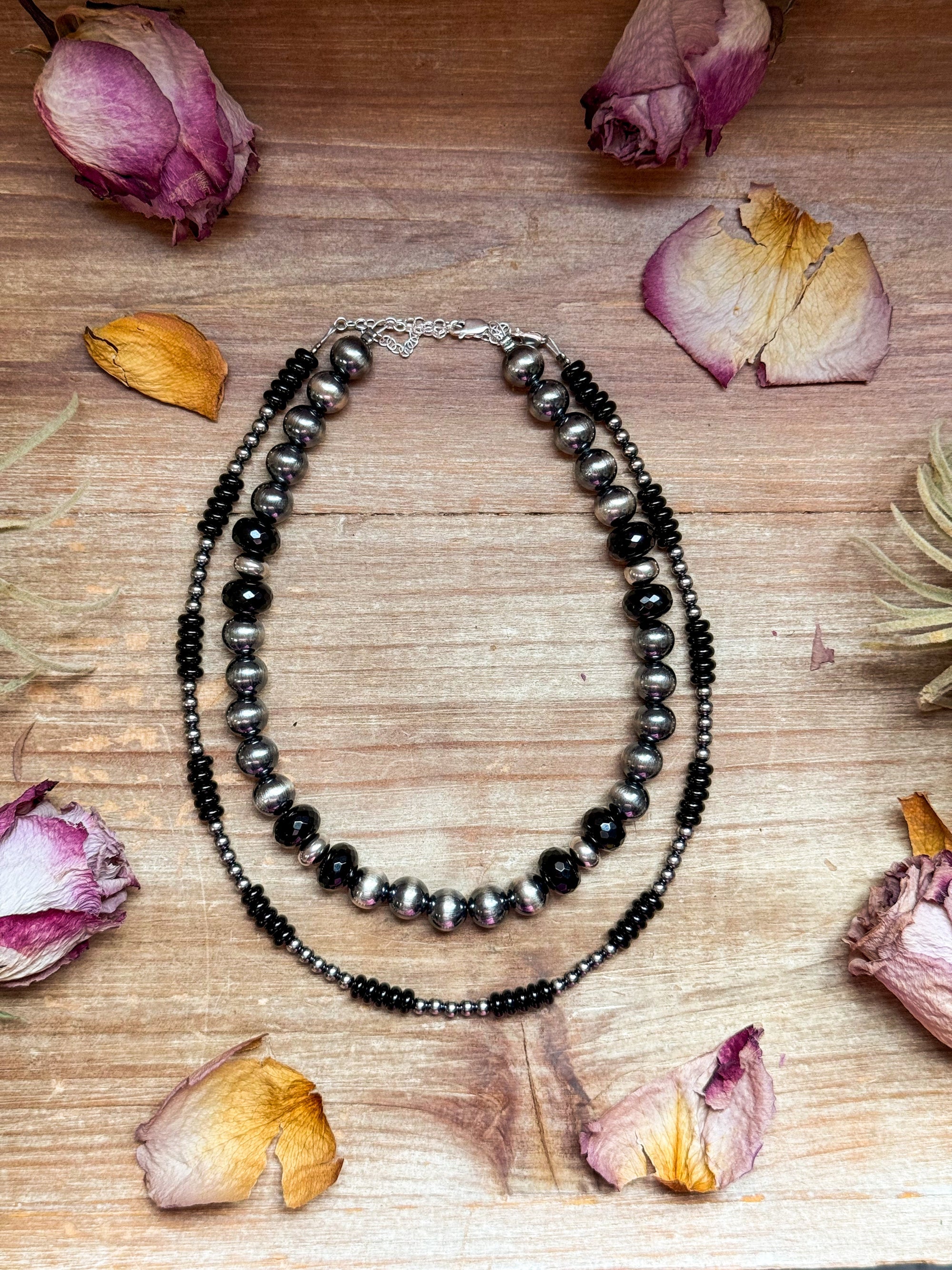 Black Onyx &amp; Sterling Silver Pearl Choker – 14”