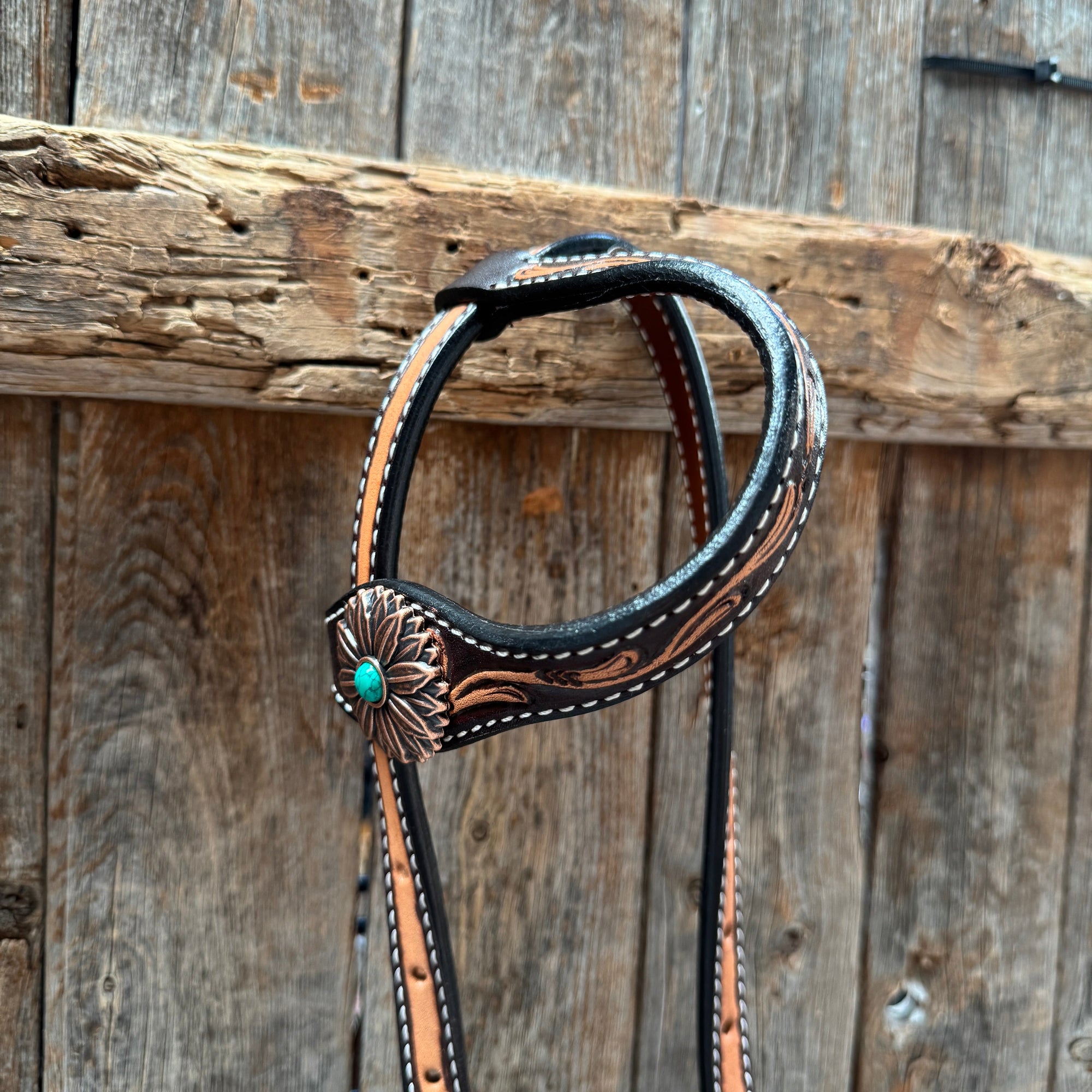 Two Tone Floral Western Turquoise Flower Browband / One Ear Tack Set 