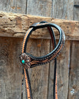 Two Tone Floral Western Turquoise Flower Browband / One Ear Tack Set 