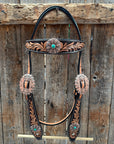 Two Tone Floral Western Turquoise Flower Browband / One Ear Tack Set 