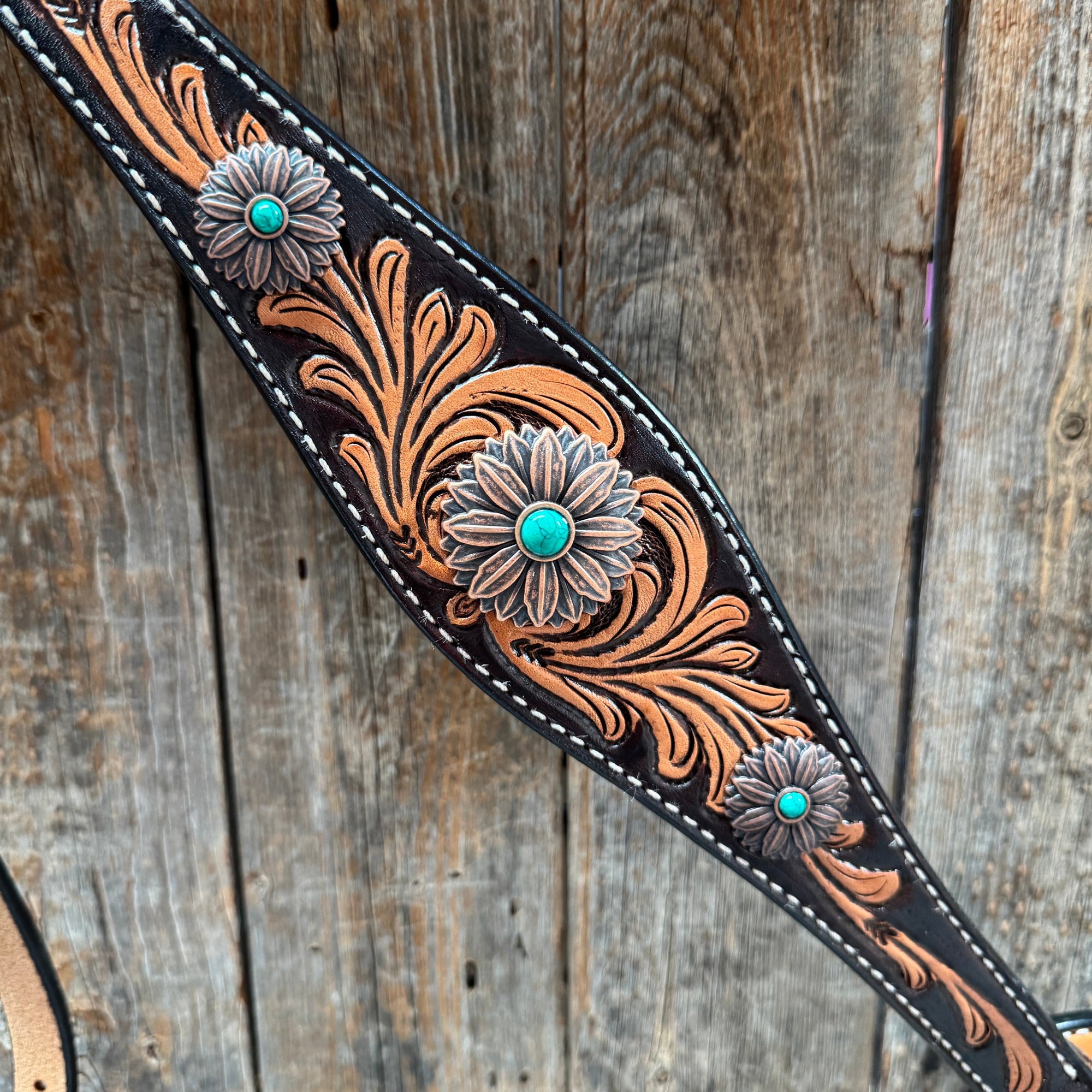 Two Tone Floral Western Turquoise Flower Browband / One Ear Tack Set 