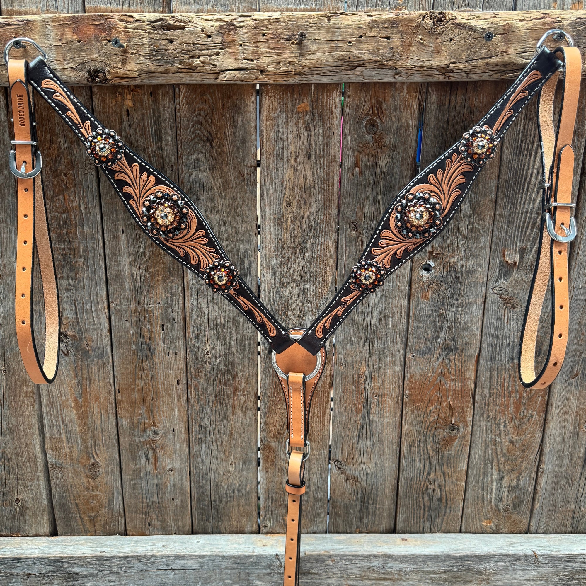 Two Tone Floral Jet, Champagne and Topaz Browband / One Ear Tack Set 