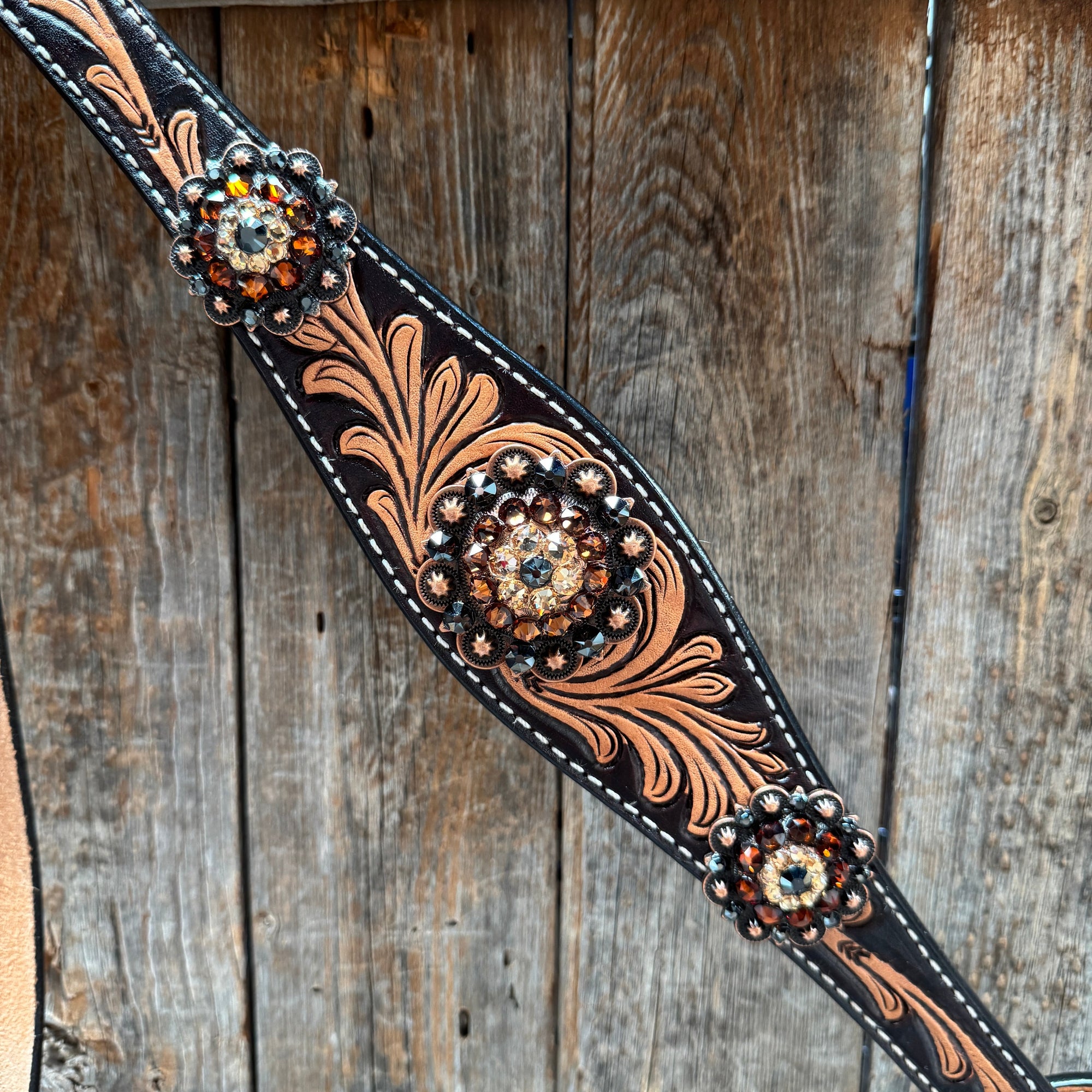 Two Tone Floral Jet, Champagne and Topaz Browband / One Ear Tack Set 