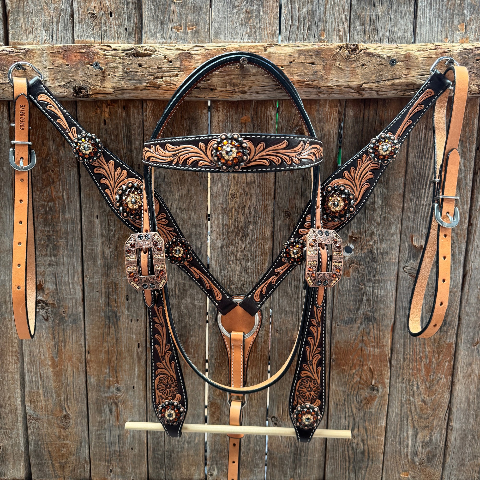 Two Tone Floral Jet, Champagne and Topaz Browband / One Ear Tack Set 