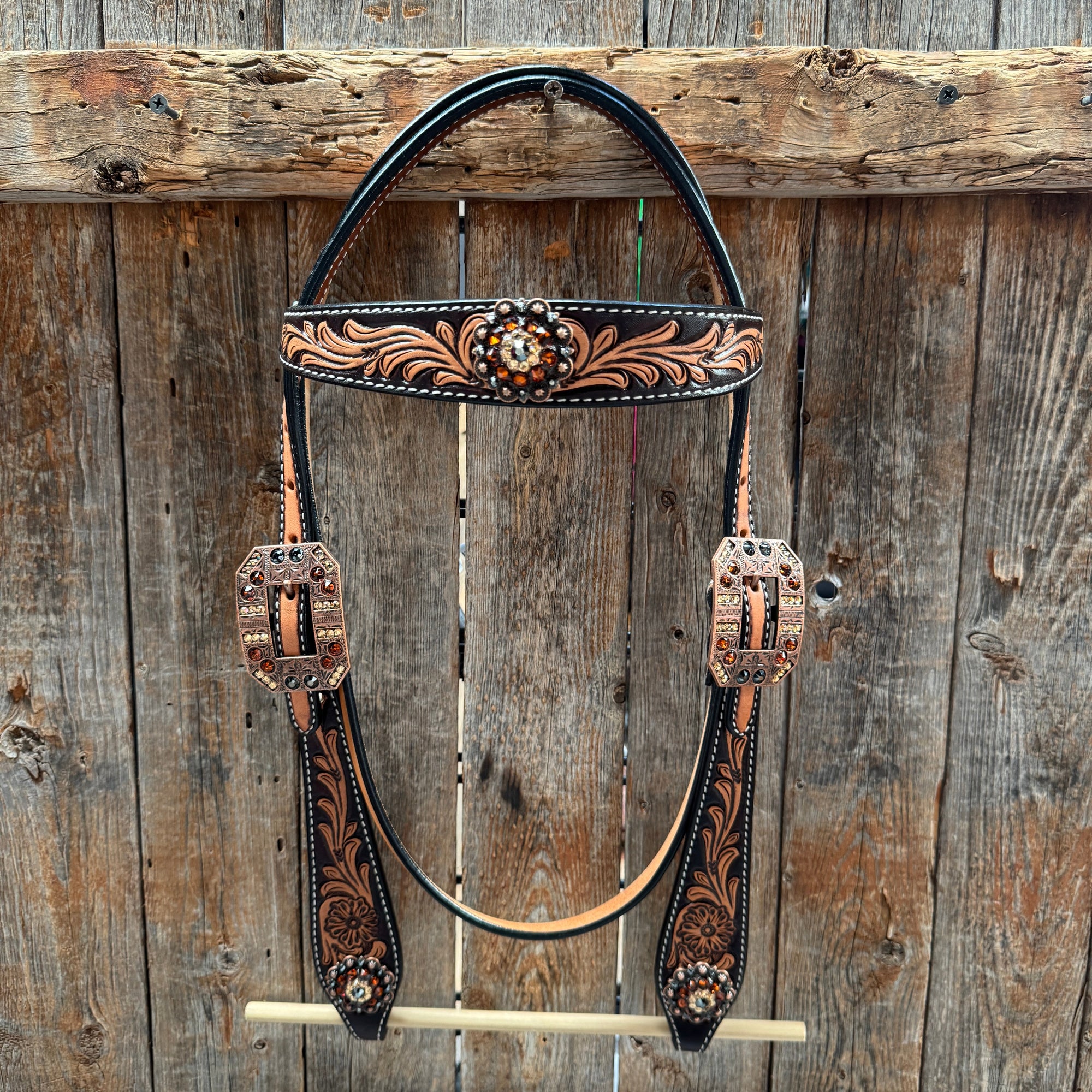Two Tone Floral Jet, Champagne and Topaz Browband / One Ear Tack Set 