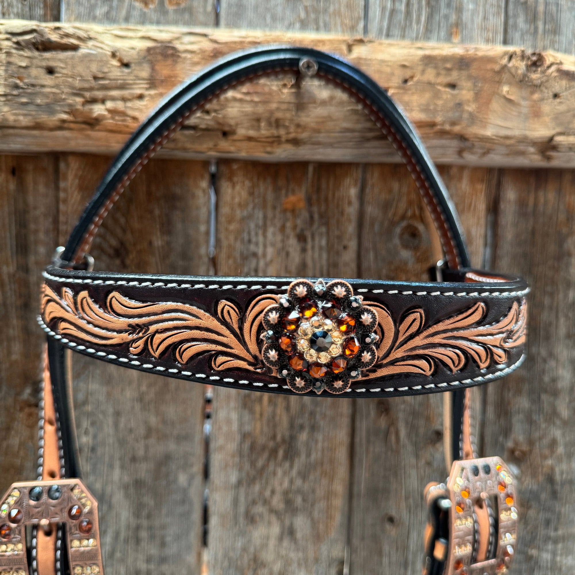 Two Tone Floral Jet, Champagne and Topaz Browband / One Ear Tack Set 